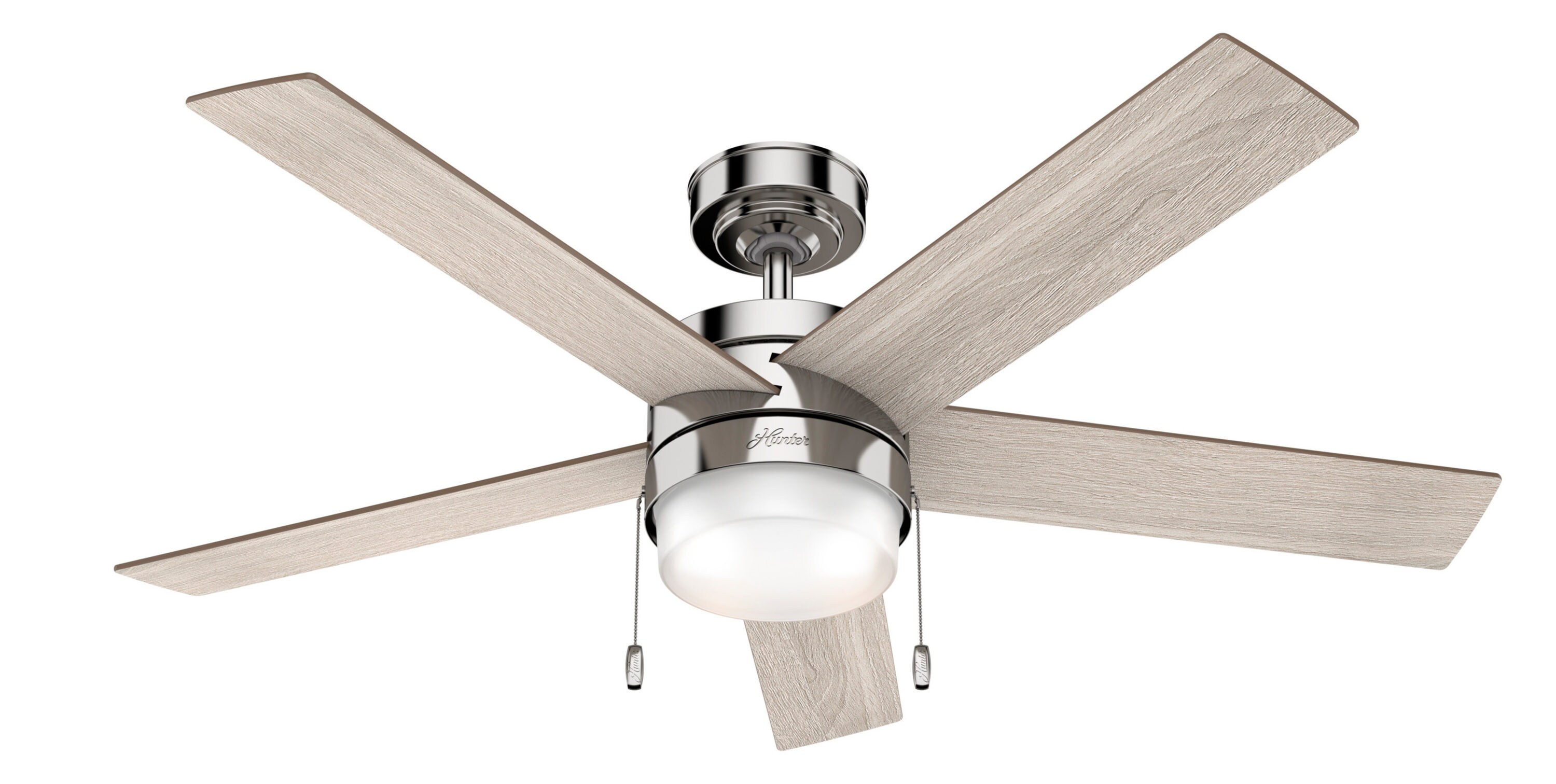Hunter 59621 Claudette 52-in Polished Nickel with Light Grey Oak/Drifted Oak Blades Indoor Downrod mount Standard Ceiling Fan With Light ( 5 -Blade)