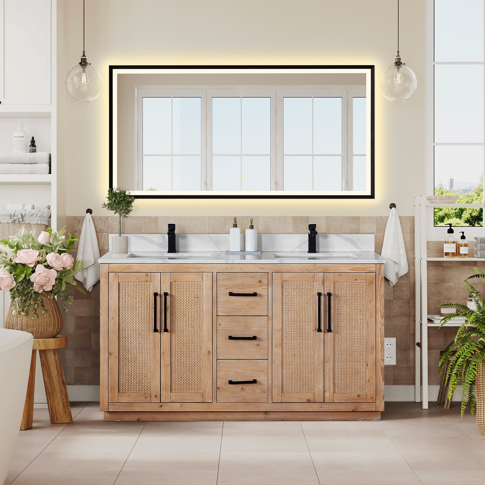 Altair Floral Light Brown Undermount Bathroom Vanity with Calacatta White Engineered Stone Top (Mirror Included)