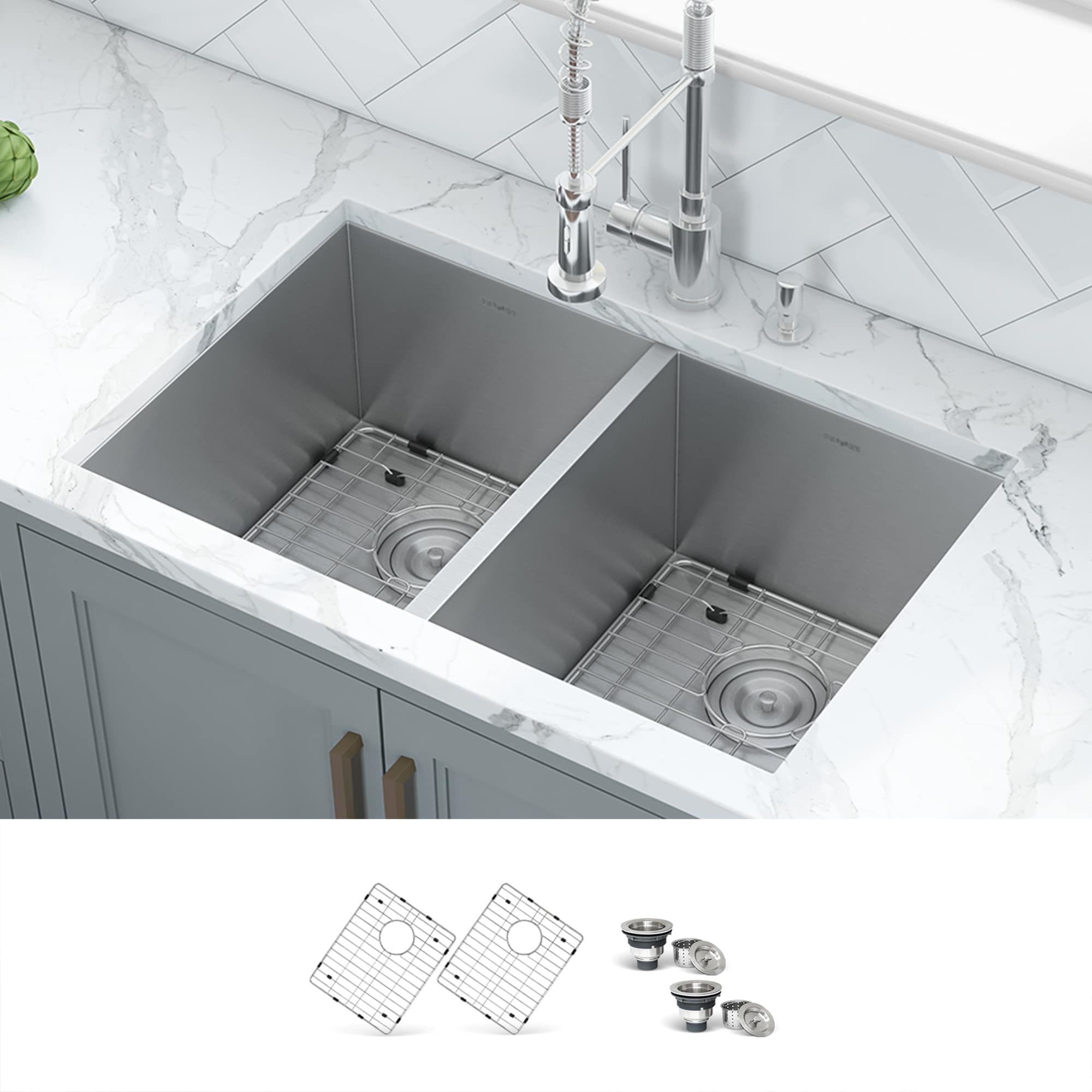 Ruvati RVH7350 Nesta Undermount 30-Inches x 19-Inches Stainless steel Double equal bowl 16 -Gauge Kitchen Sink