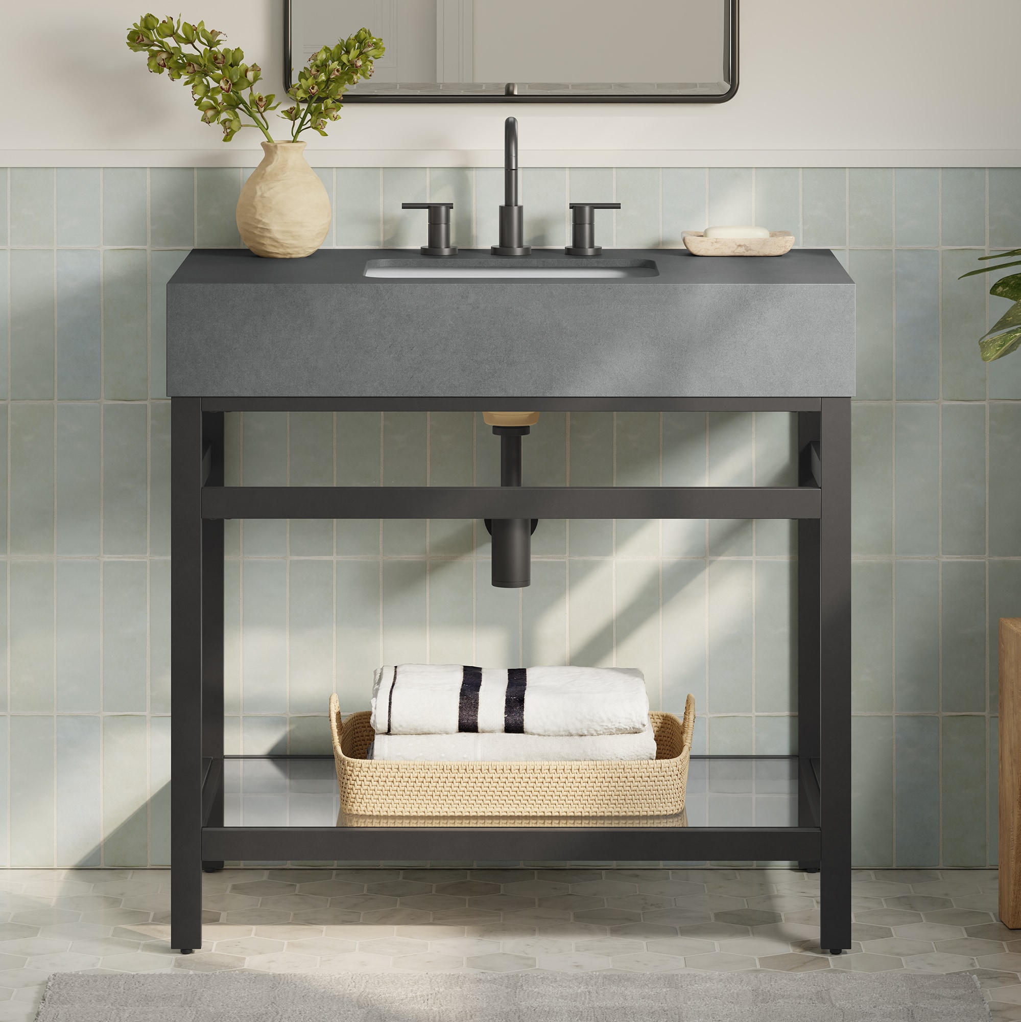 Origin 21 Oslo Black Undermount Single Sink Bathroom Vanity with Sintered Stone Top (Fully Assembled)