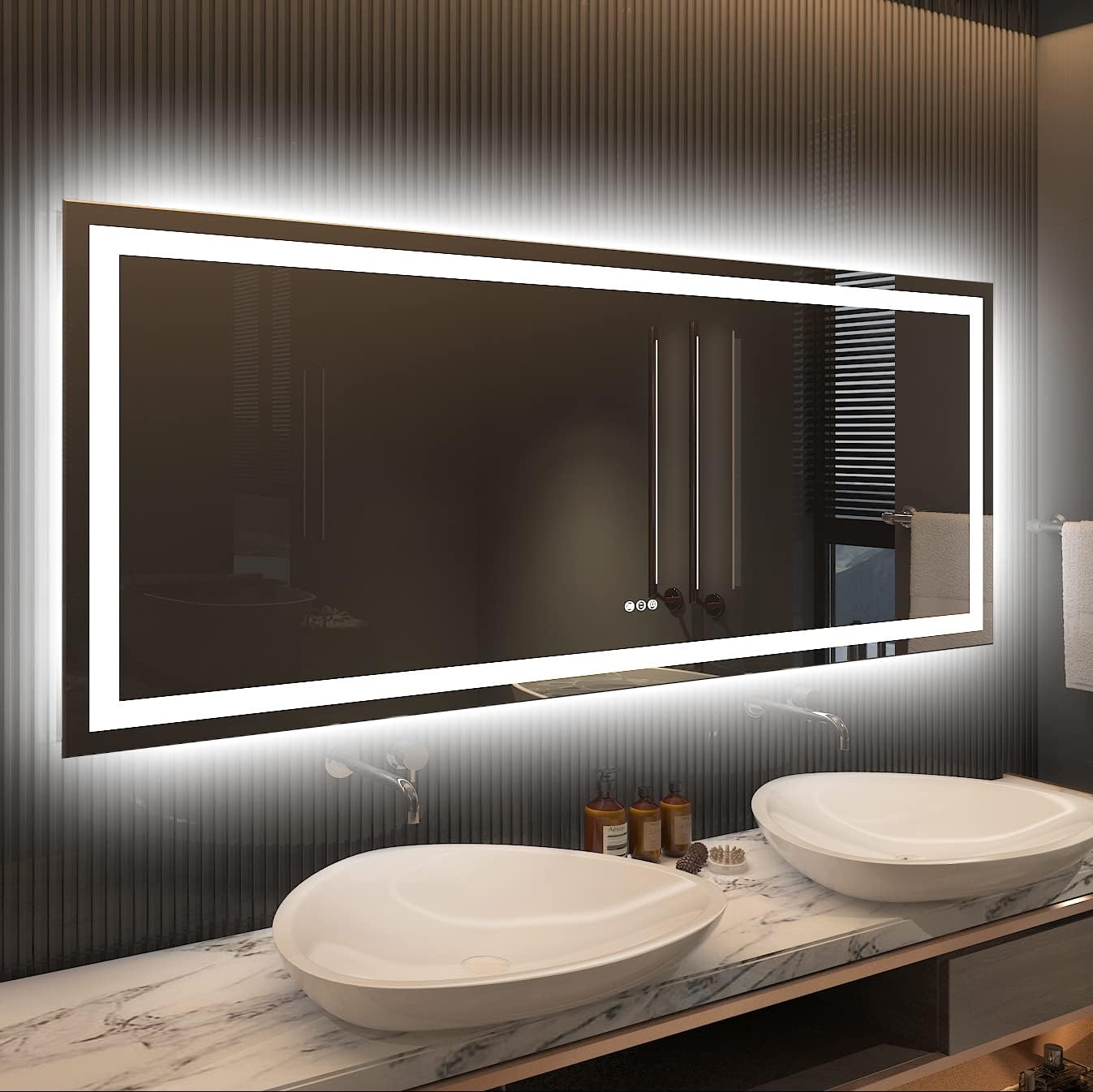 Amorho S1R15070UL 60-in W x 28-in H Polished Frameless Rectangle Dimmable LED Lighted Fog Free Bathroom Vanity Mirror for wall ( Sliver )