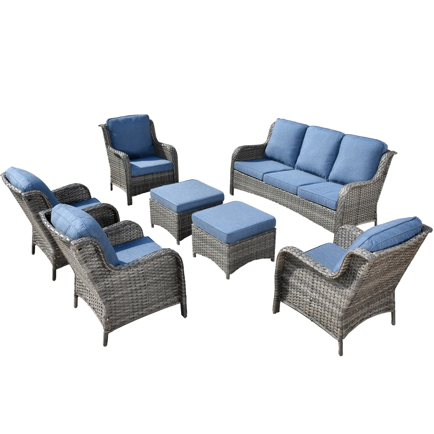 Ovios 7-piece Rattan Patio Sofa Conversation Set With Blue Cushions 