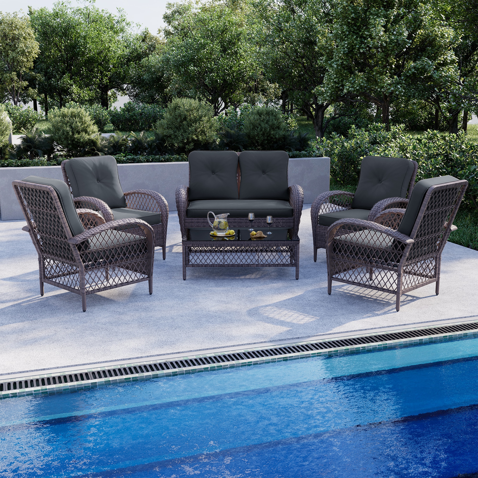 UPHA LHBR-2AB-DGRAY 6-Piece Wicker Patio Conversation Set with Gray Cushions