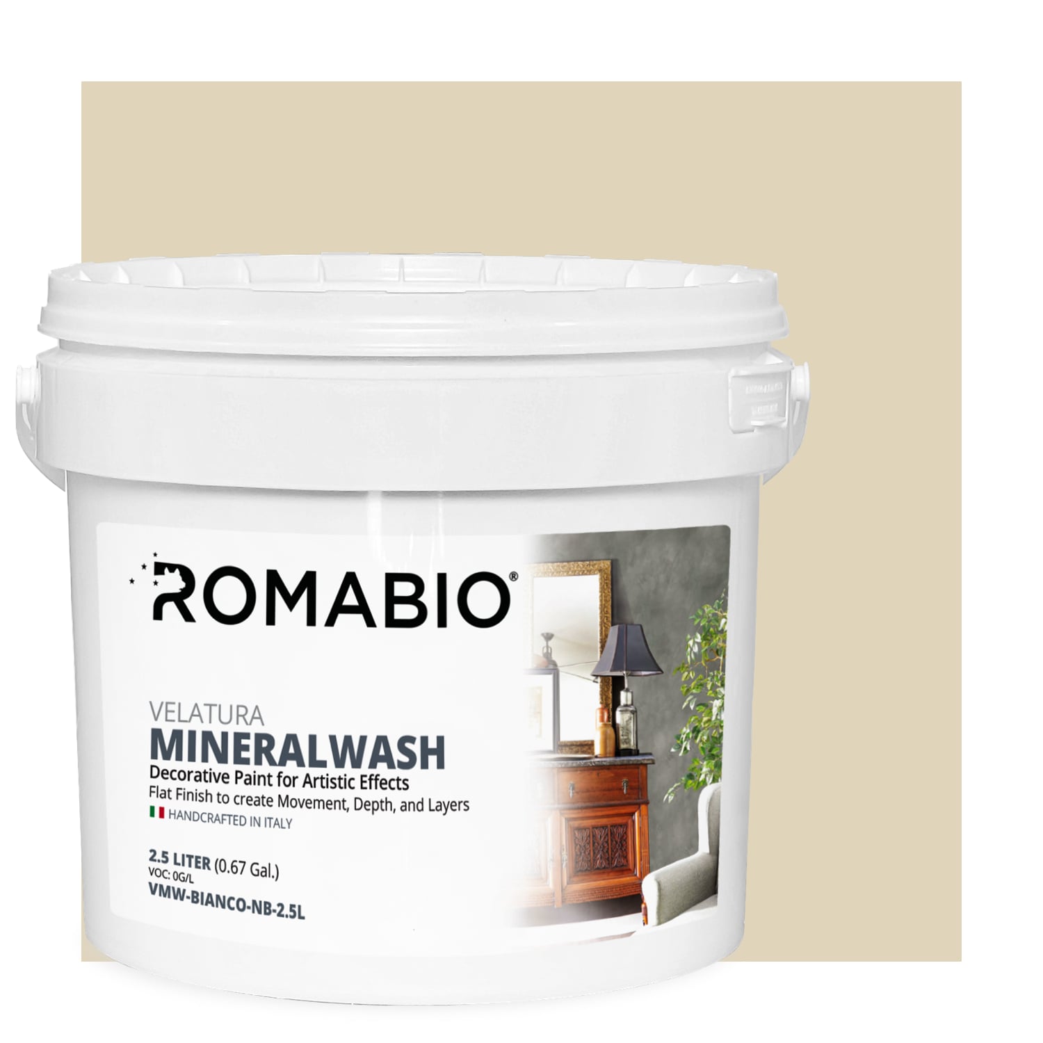 ROMABIO VMW-RIPOSO-NB-2.5L Flat Velatura Mineralwash Riposo Beige Lime Interior Paint Paint + Primer ( Half-gallon )