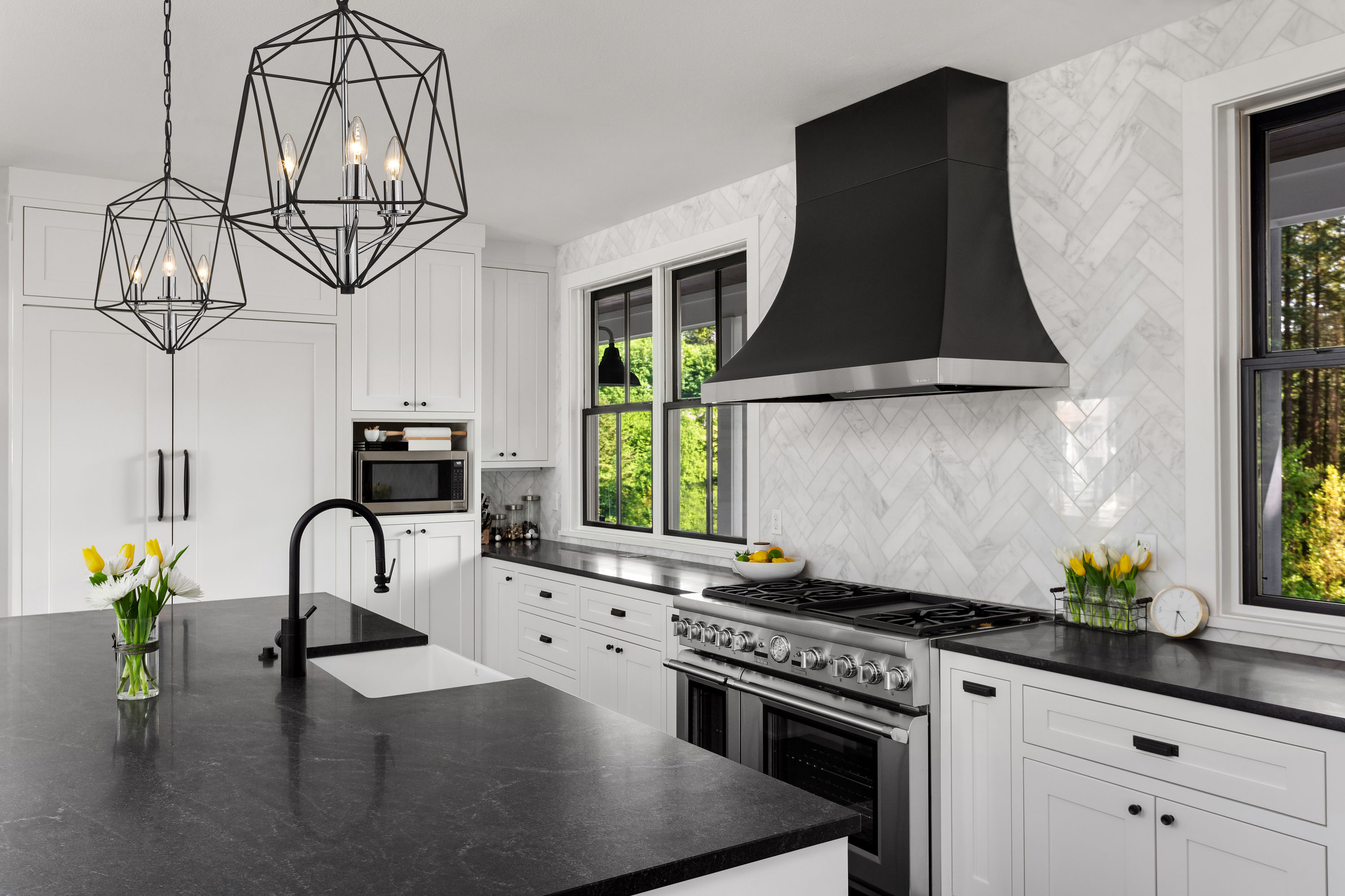 Matte Black and Chrome Geometric Cage Chandelier