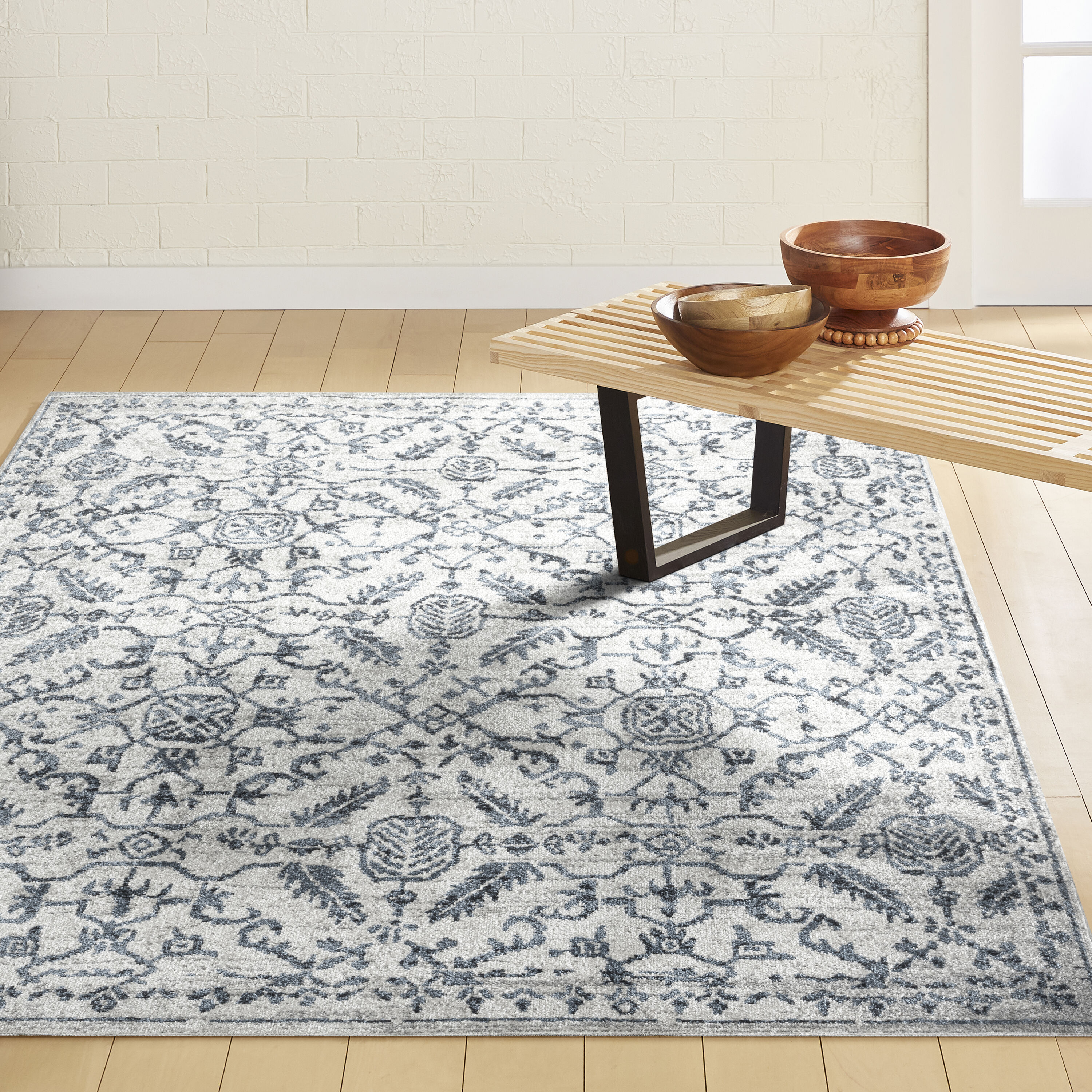 Style Selections 1-5234-705 Blue Botanical 8 x 10 (ft) Loomed Polyester Gray-Blue Rectangular Indoor Area rug