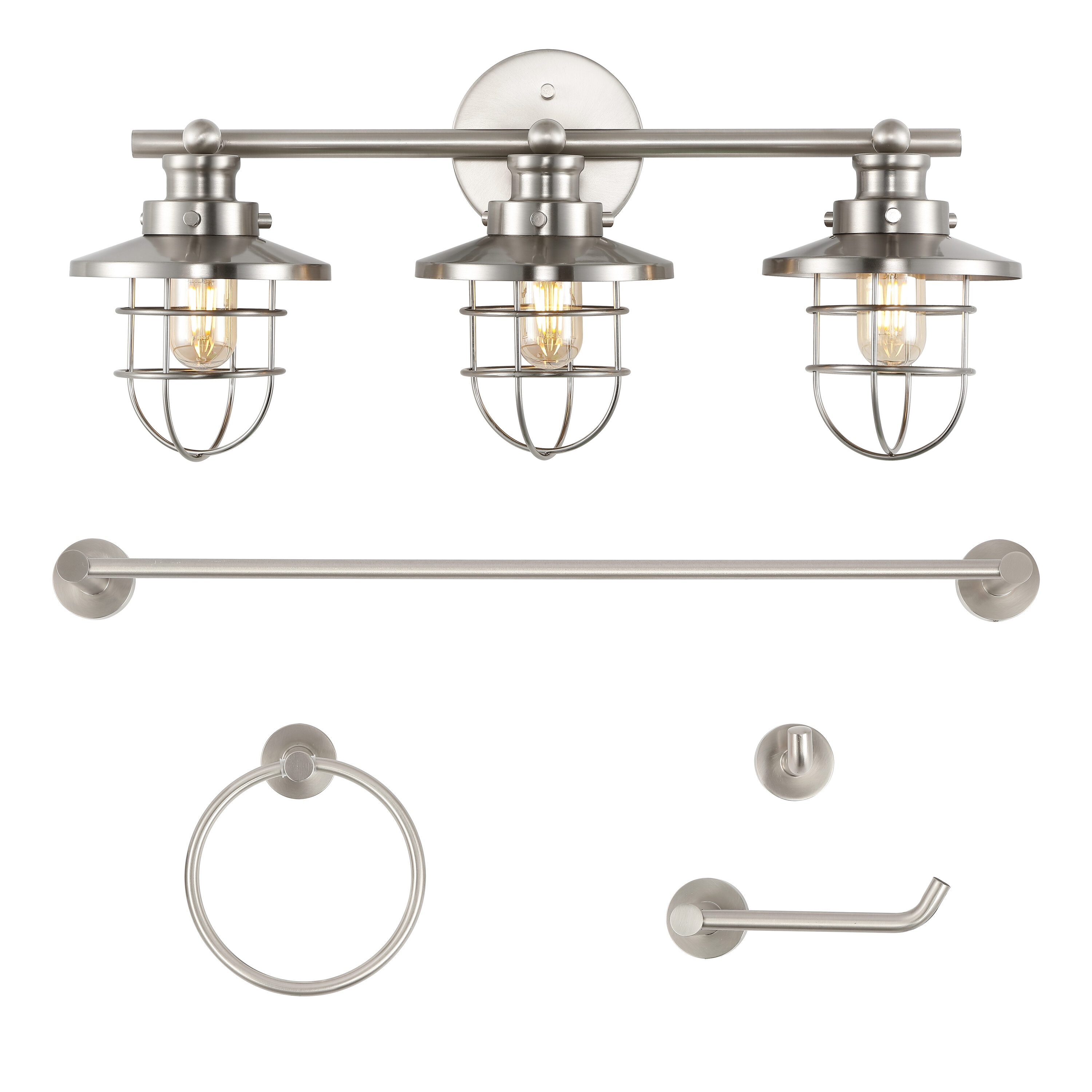 JONATHAN  Y JYL1506B Ellis Industrial Farmhouse 5-Piece Vanity Light Set 24-in 3 -Light Brushed Nickel Industrial Vanity light