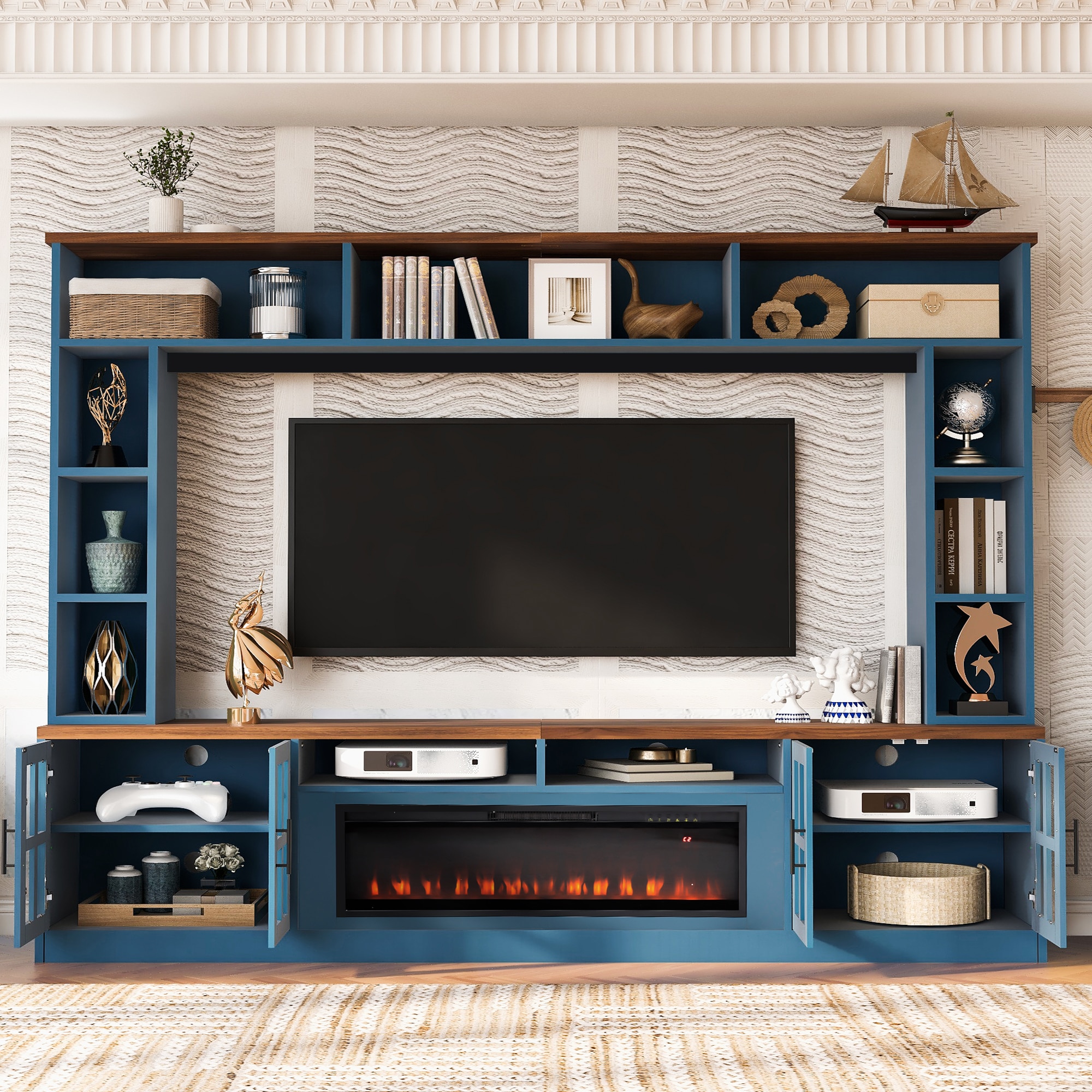 ModernLuxe Assembly Required 95.5inch W Wall Unit Entertainment Center with Bookshelves for TVs up to 80inch  Modern TV Stand Media Console with electric fireplace  Cabinets   and Adjustable Shelves for Living Room
