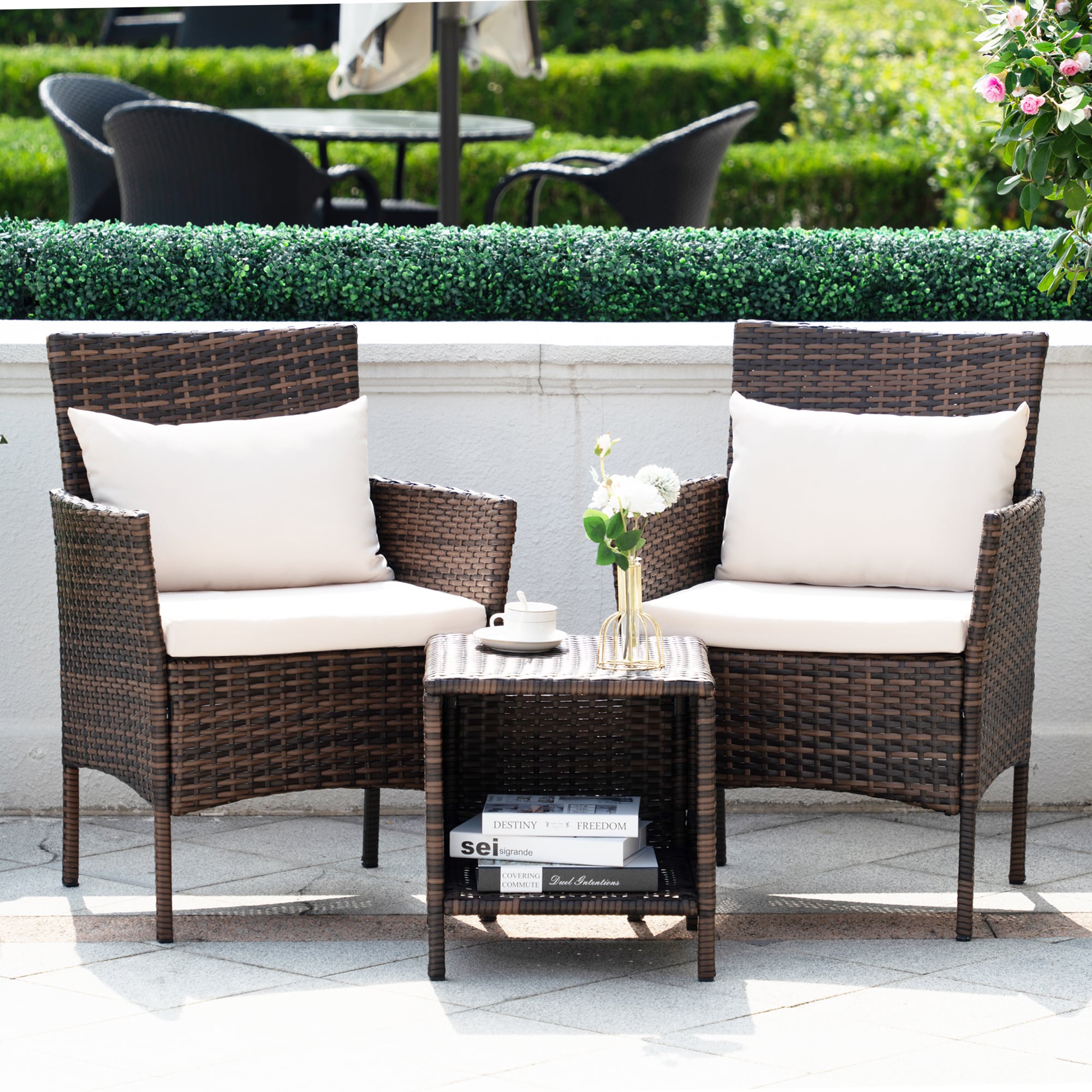 Grearden HZ022-BR 3 -Piece Rattan Patio Conversation Set with Off-white Cushions
