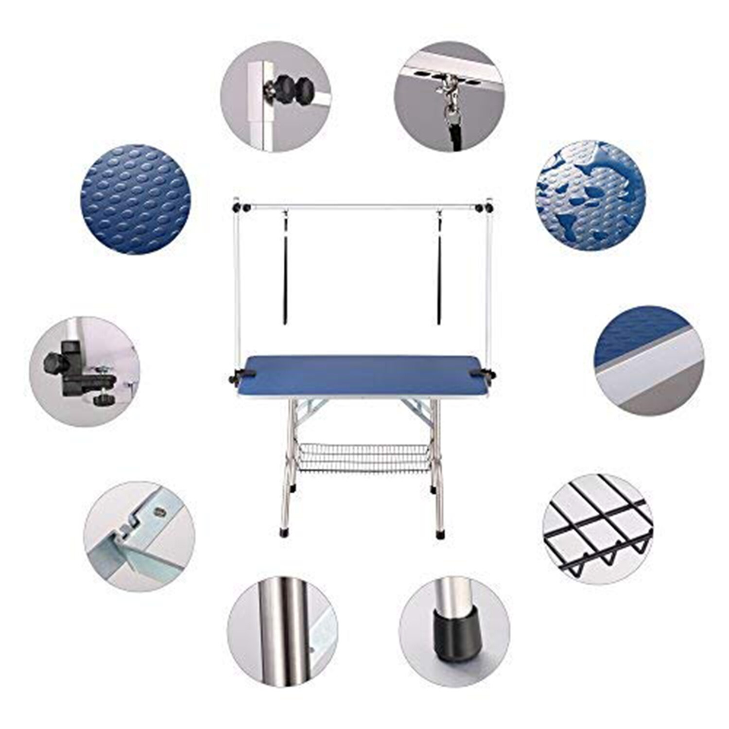 Mondawe Medium Dog Grooming Table - Adjustable Height, Metal Frame, Non-Slip Surface - Blue Stainless Steel | MD-WF2821A