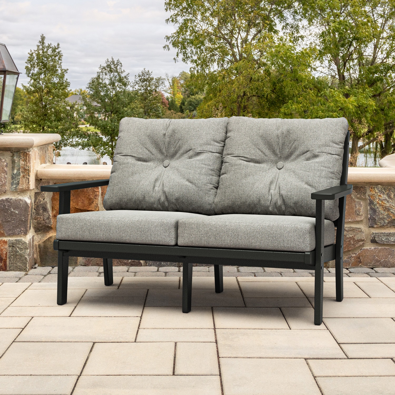 allen + roth by POLYWOOD AR4422-BL145980 Oakport Outdoor Loveseat with Gray Cushions and HDPE Frame