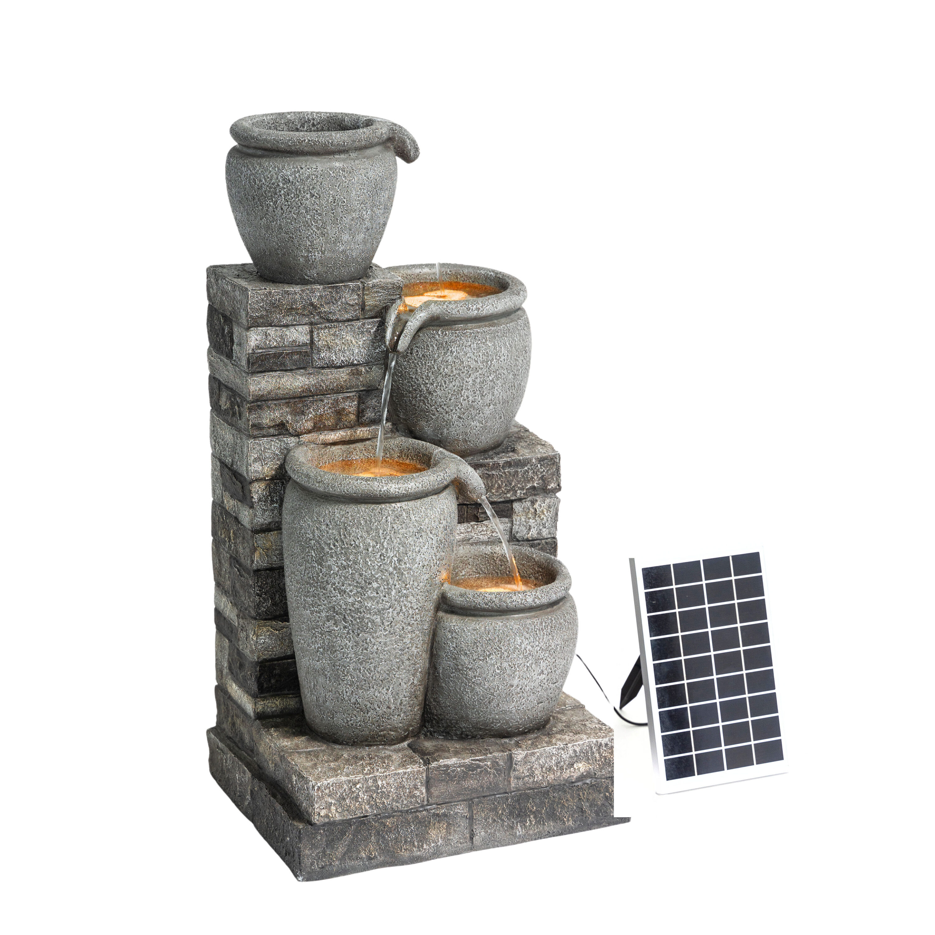 Gray Solar Powered 4-Tier Cascading Bowl Outdoor Water Fountain