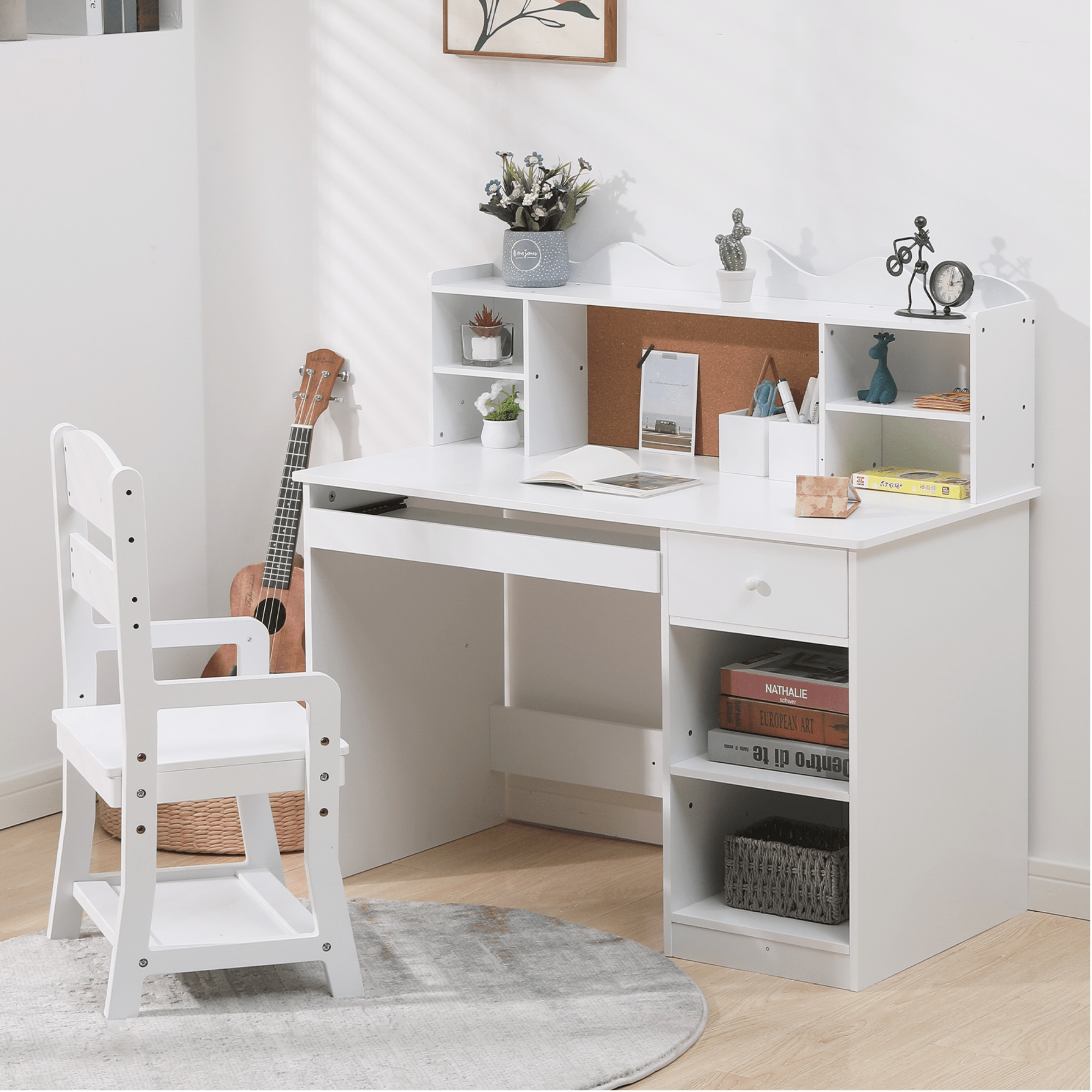 Qeetex SUN-PHO-34WSCVP6 Kids Study Desk and Chair Set White Study Table with Adjustable Chair Hutch Corkboard Keyboard Tray and Pen Holders for Home or Classroom