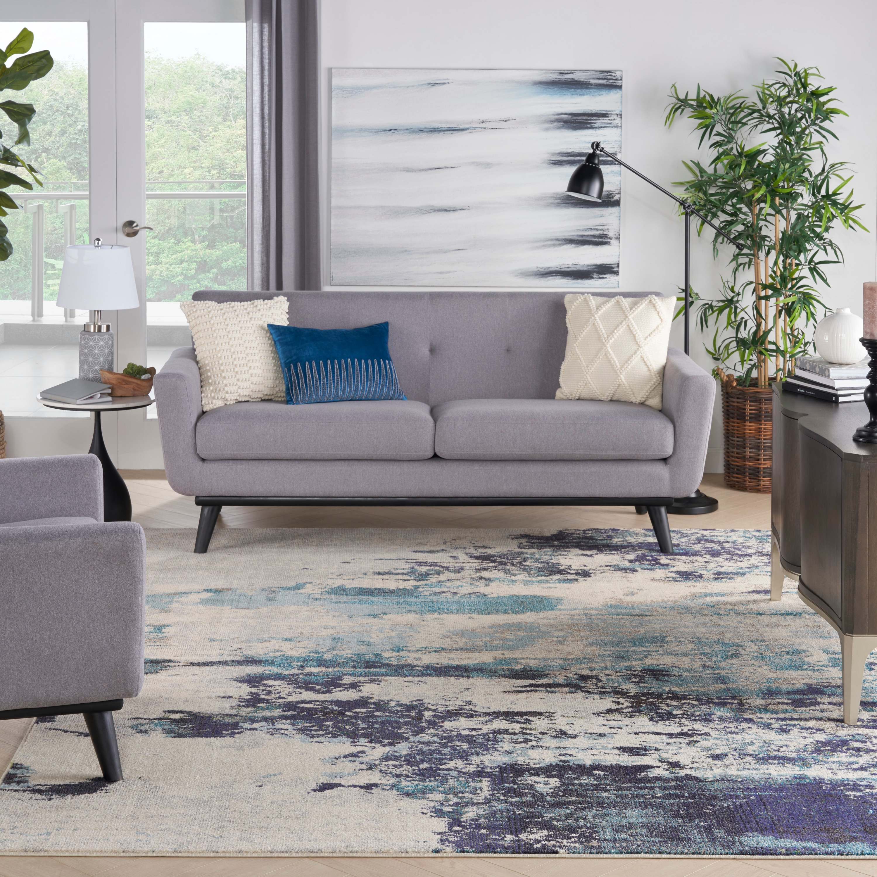 Reversible 5' x 7' Blue Abstract Synthetic Stain-Resistant Rug