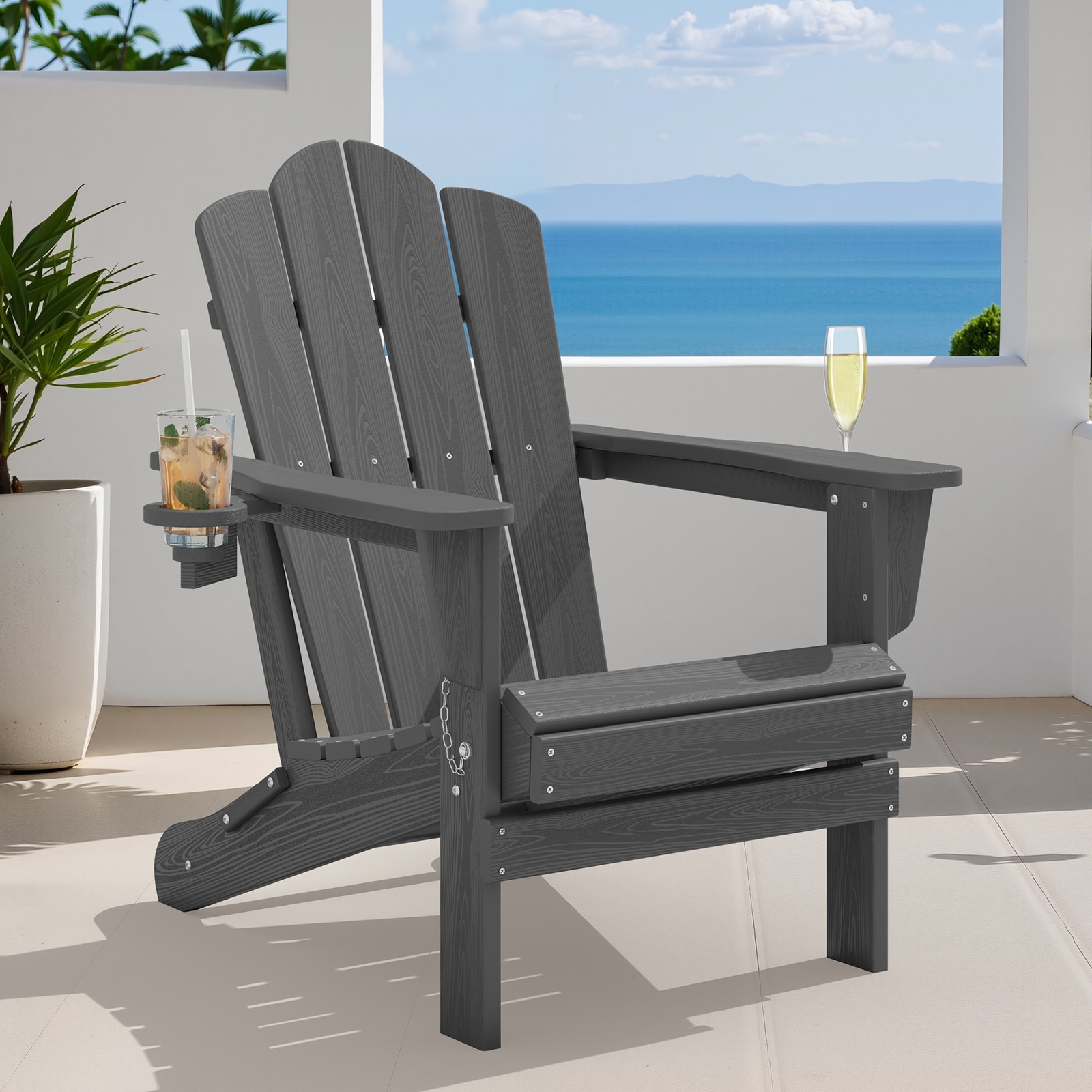 Serwall SW-SBTYD-GY All-Weather Adirondack chair with 2 Cup Holders