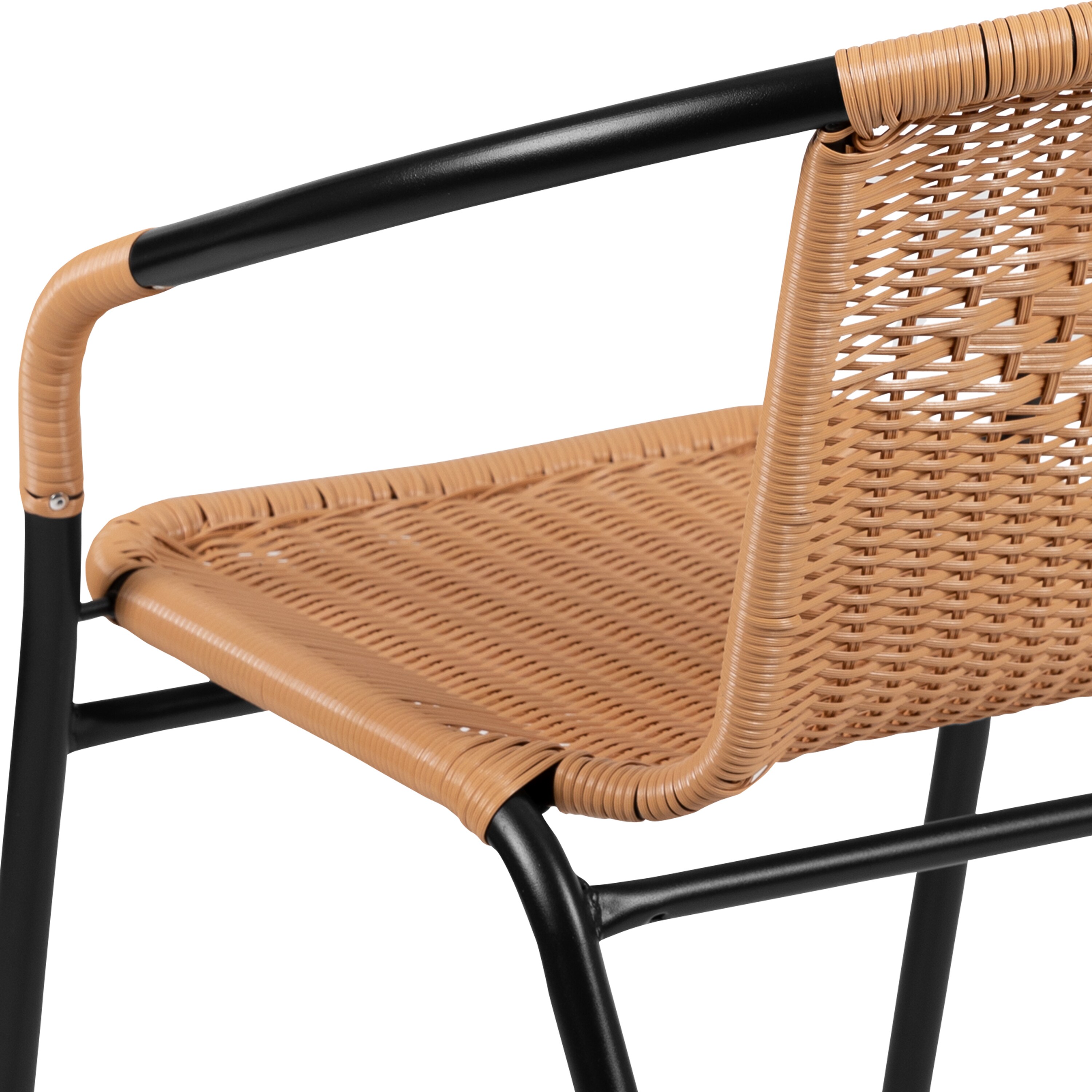 Beige Rattan and Black Steel Patio Dining Chairs, Set of 2