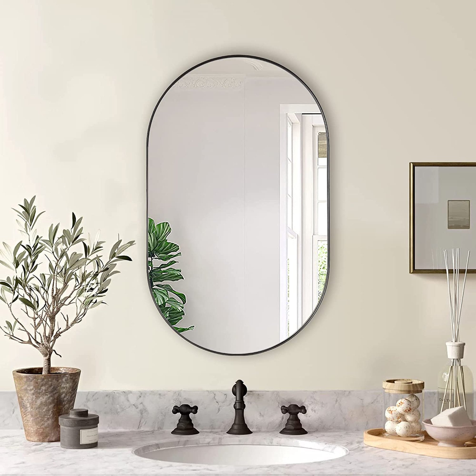 Misopily Black Oval Metal Mirror 20 x 33 Inch Modern Contemporary Design HD Glass Shatterproof Film Easy Install Reinforced Hooks