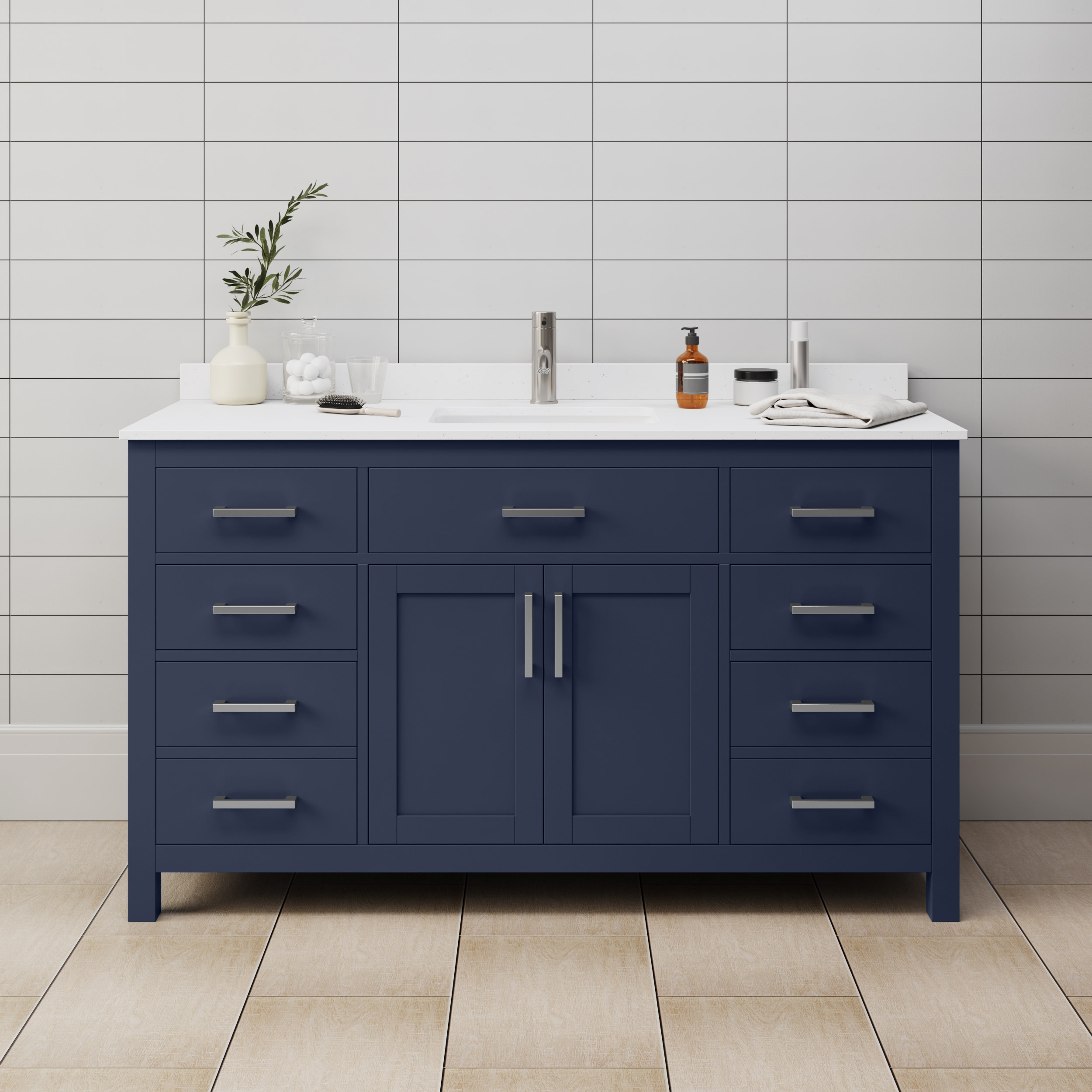 Wyndham Collection WCG242460SBNWCUNSMXX Beckett 60-in Dark Blue with Brushed Nickel Trim Undermount Single sink Bathroom Vanity with White Cultured Marble Cultured marble Top