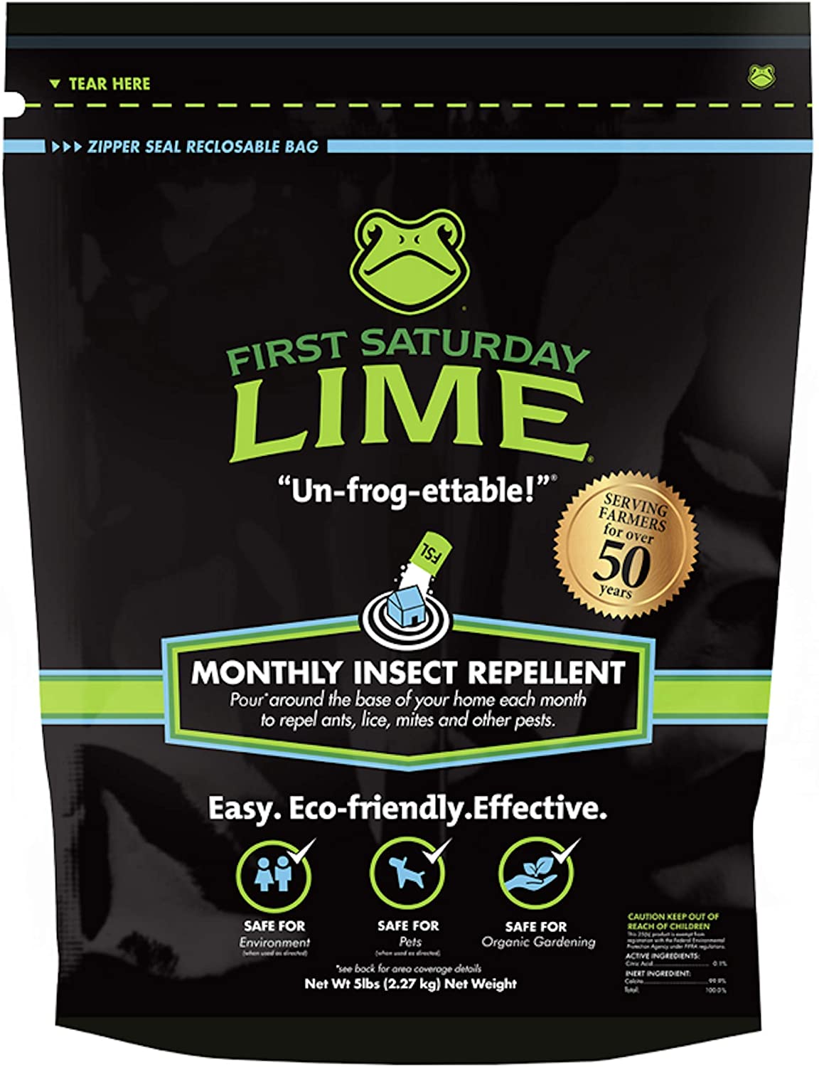 First Saturday Lime  Natural Insect Repellent 5 lb Bag Mineral Based Barrier Powder for Ants Fleas Ticks and Roaches Indoor Outdoor Use for Home Yard Garden and Animal Areas Apply as Directed