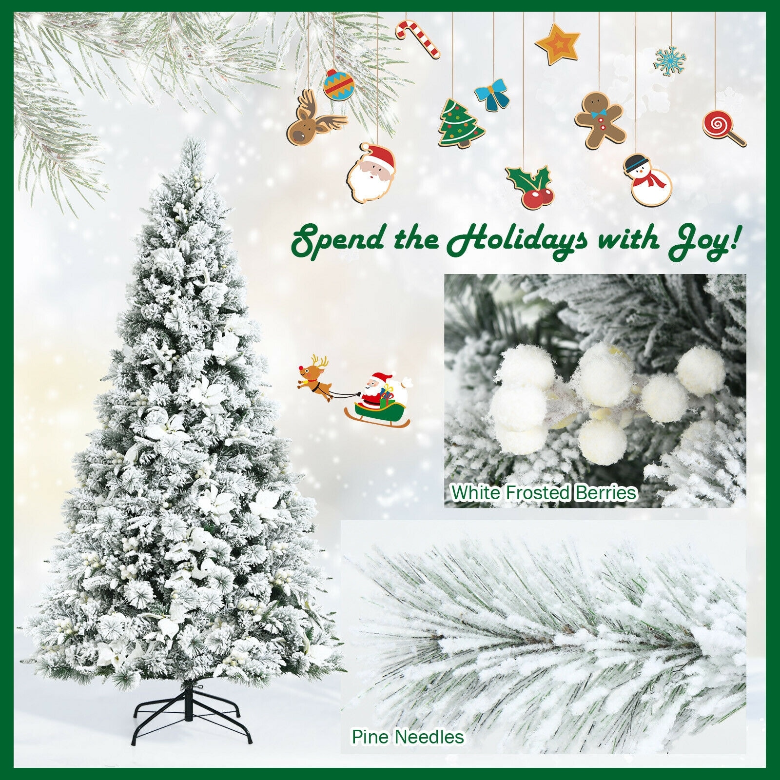 7-Foot Snow Flocked White Artificial Christmas Tree with Berries and Poinsettia Flowers