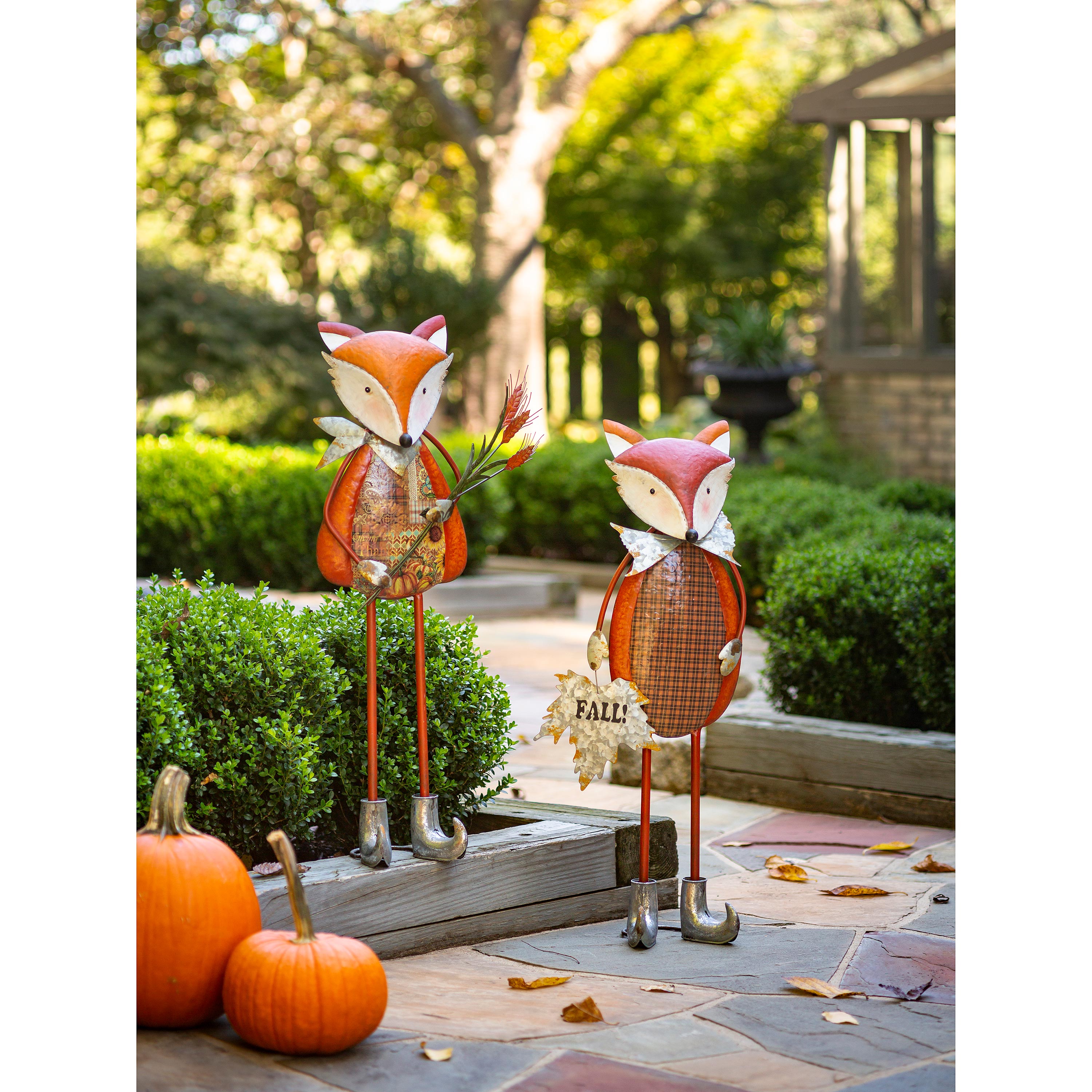 Whimsical Fall Fox Metal Garden Statuary Set