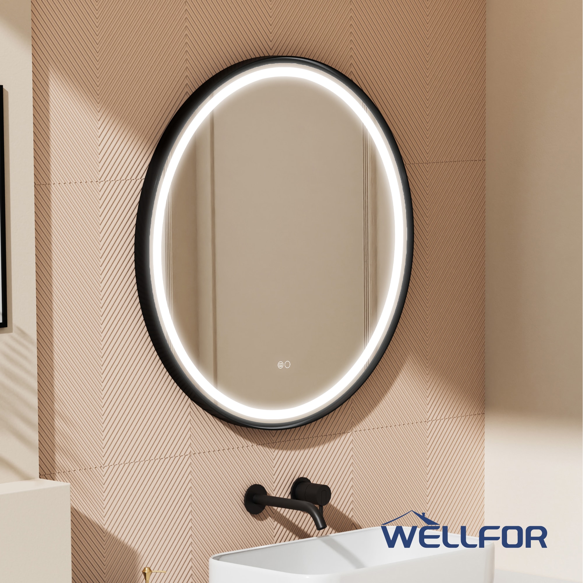 WELLFOR W9FM3232MB BONIE LED Mirror 32-Inches x 32-Inches Framed Round Dimmable LED Lighted Fog Free Bathroom Vanity Mirror ( Matte Black )