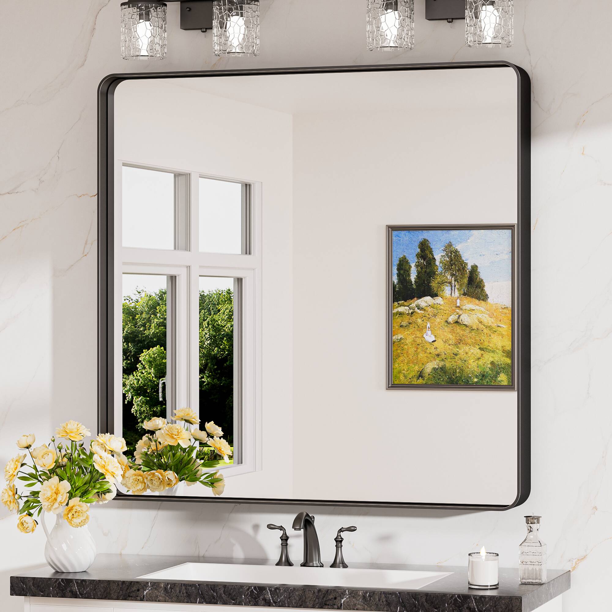 Keonjinn LW-JSKYJ2-9191BK Bathroom Mirrors 36-Inches W x 36-Inches H Square Matte Black Framed Wall Mirror