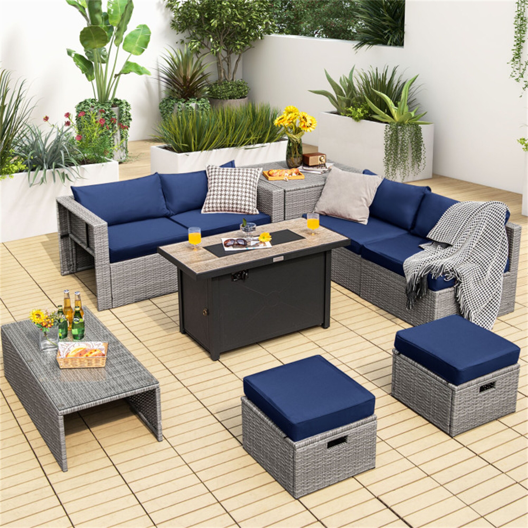 BABOOM BOM-0399AAE-OR Patio Furniture Set with 42 Inches Fire Pit 9 -Piece Rattan 2 Patio Sofa Conversation Set with Blue Cushions