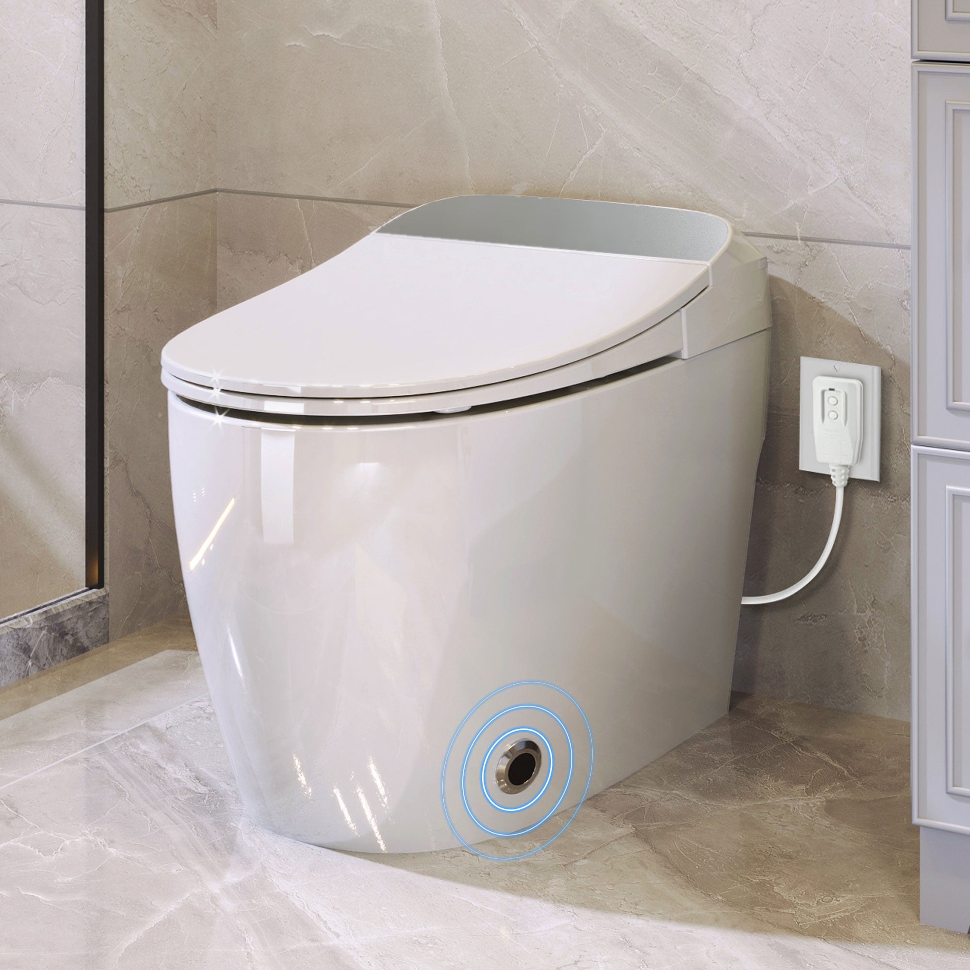 Mondawe MO-SL-C80 White Touchless Flush Elongated Standard height Smart Soft Close 1-piece Toilet WaterSense 1.28 GPF
