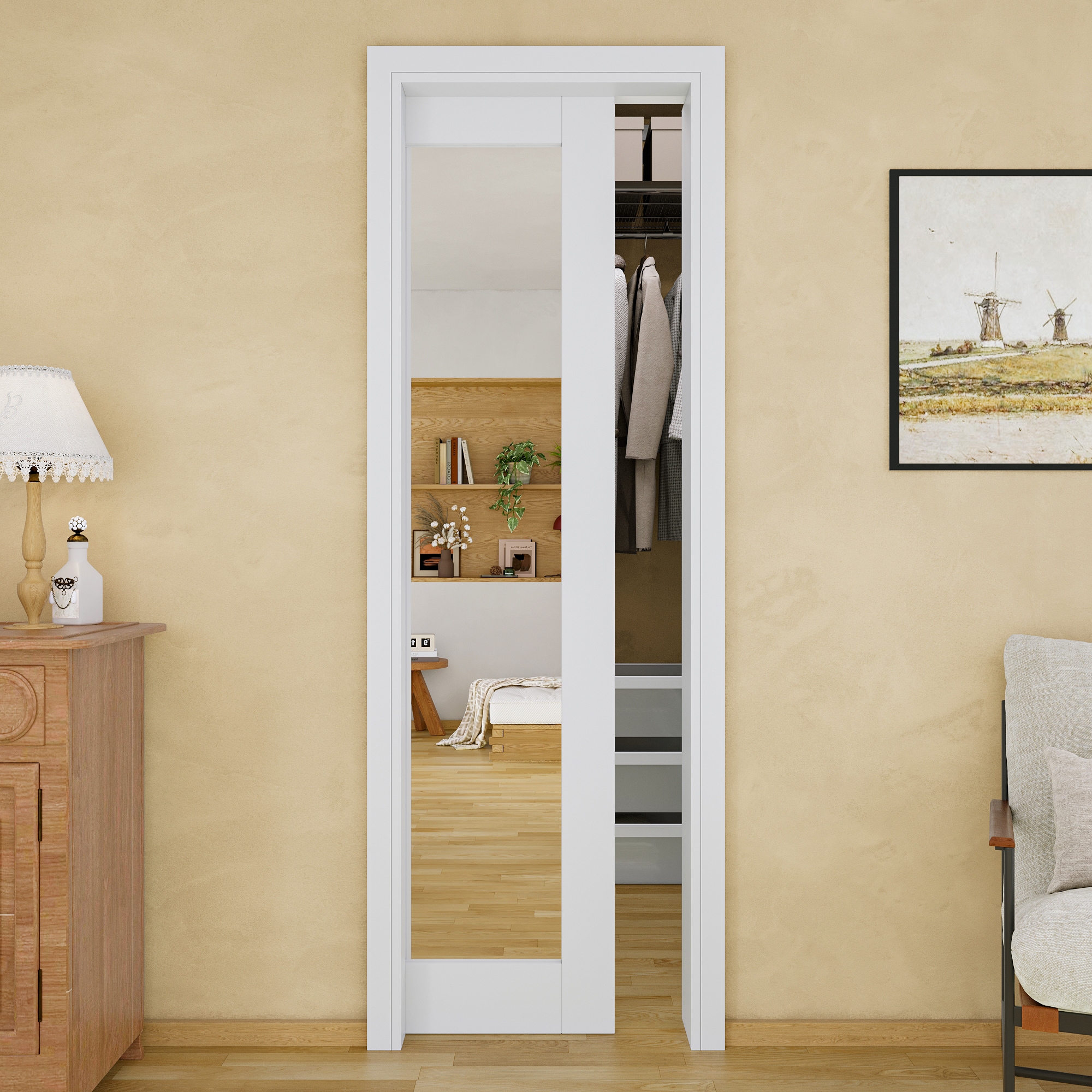 JUJUBON 24-in x 80-in MDF Pocket Door Frame with Pocket Door,Pocket Door Frame and Hardware Soft Close Included #IN-PDPK-YGMR-24