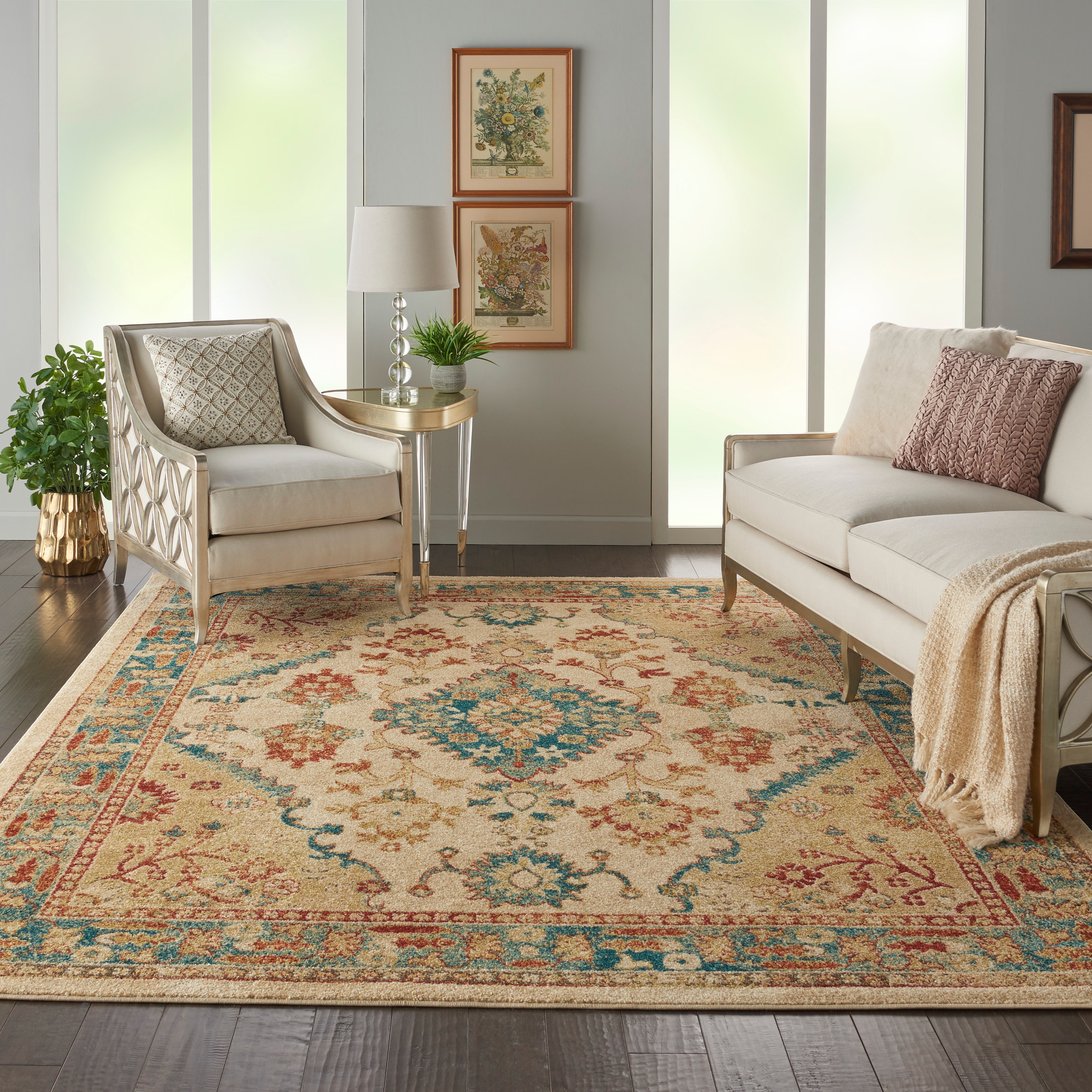 Nourison Home 099446717047 Traditional Vintage 8 x 10 (ft) Loomed Polypropylene Ivory/Teal Rectangular Indoor Floral/Botanical Persian Area rug