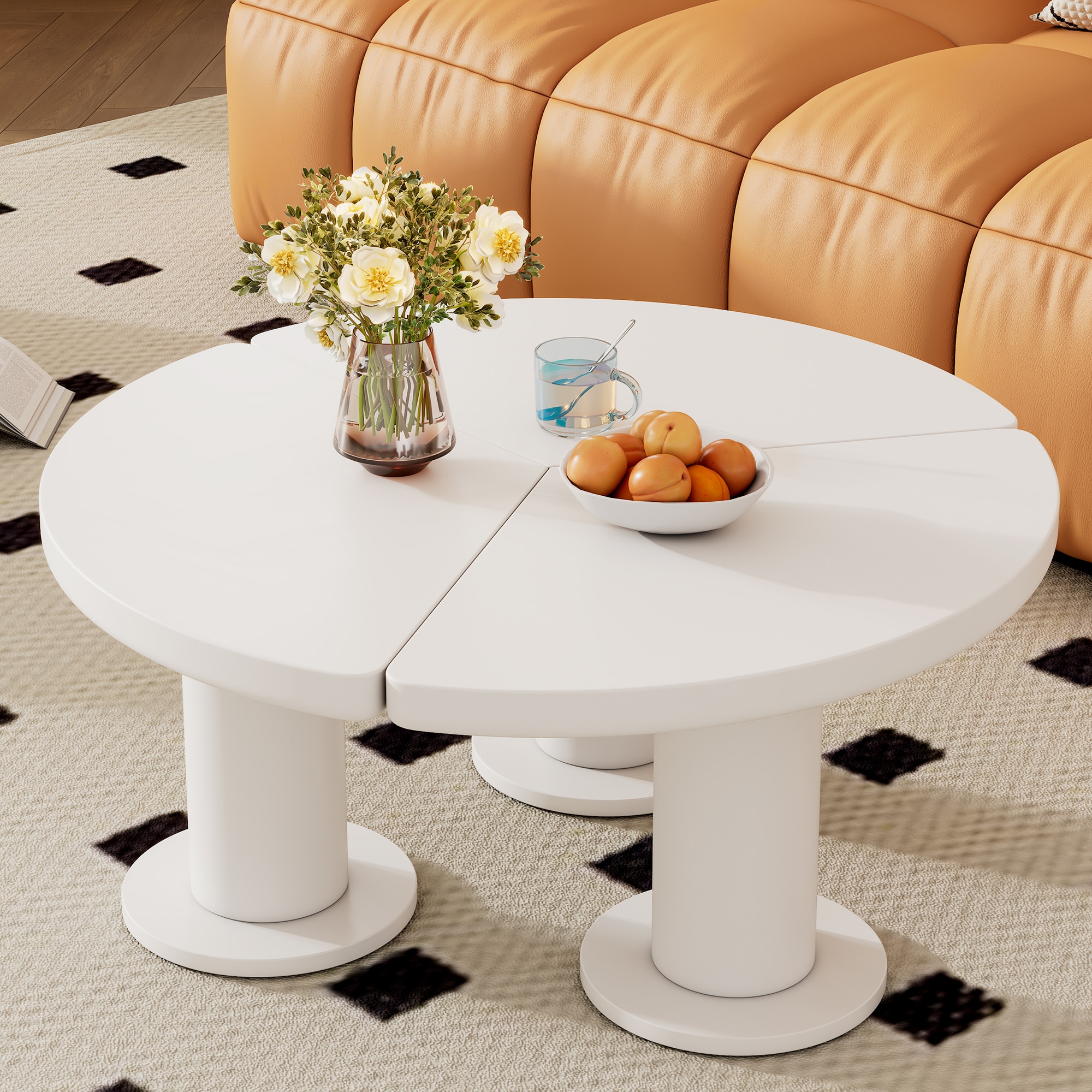 ModernLuxe N721P190396K Easy Assembly Round PetalShaped Coffee Table Cream Style Center Table with 3 Thick Legs Minimalist Irregular End Table with Sleek Round Edges for Living Room White