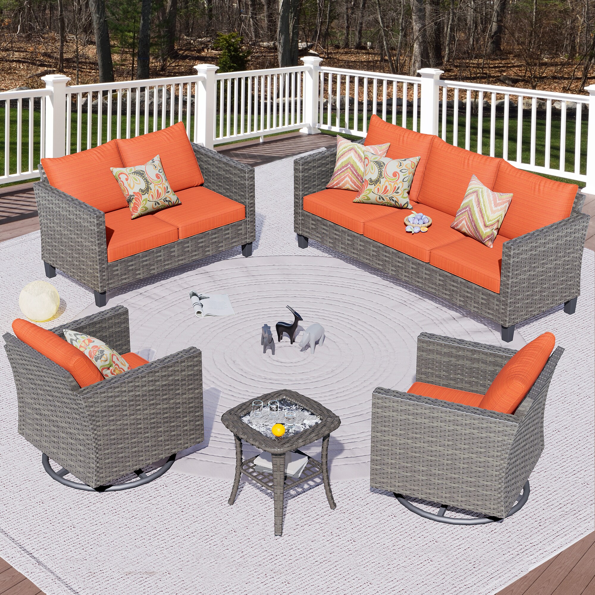 XIZZI XSQLRC8153 Lullaby 5 -Piece Rattan Patio Sofa Conversation Set with Orange Cushions