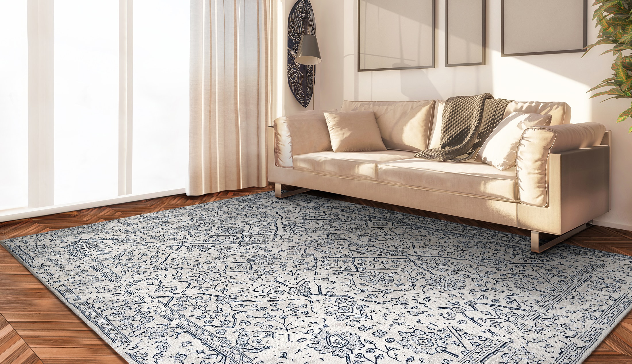 Couristan 89740567311056T Marina 3 x 5 (ft) Polypropylene Oyster-Slate Blue Rectangular Indoor Floral/Botanical Area rug
