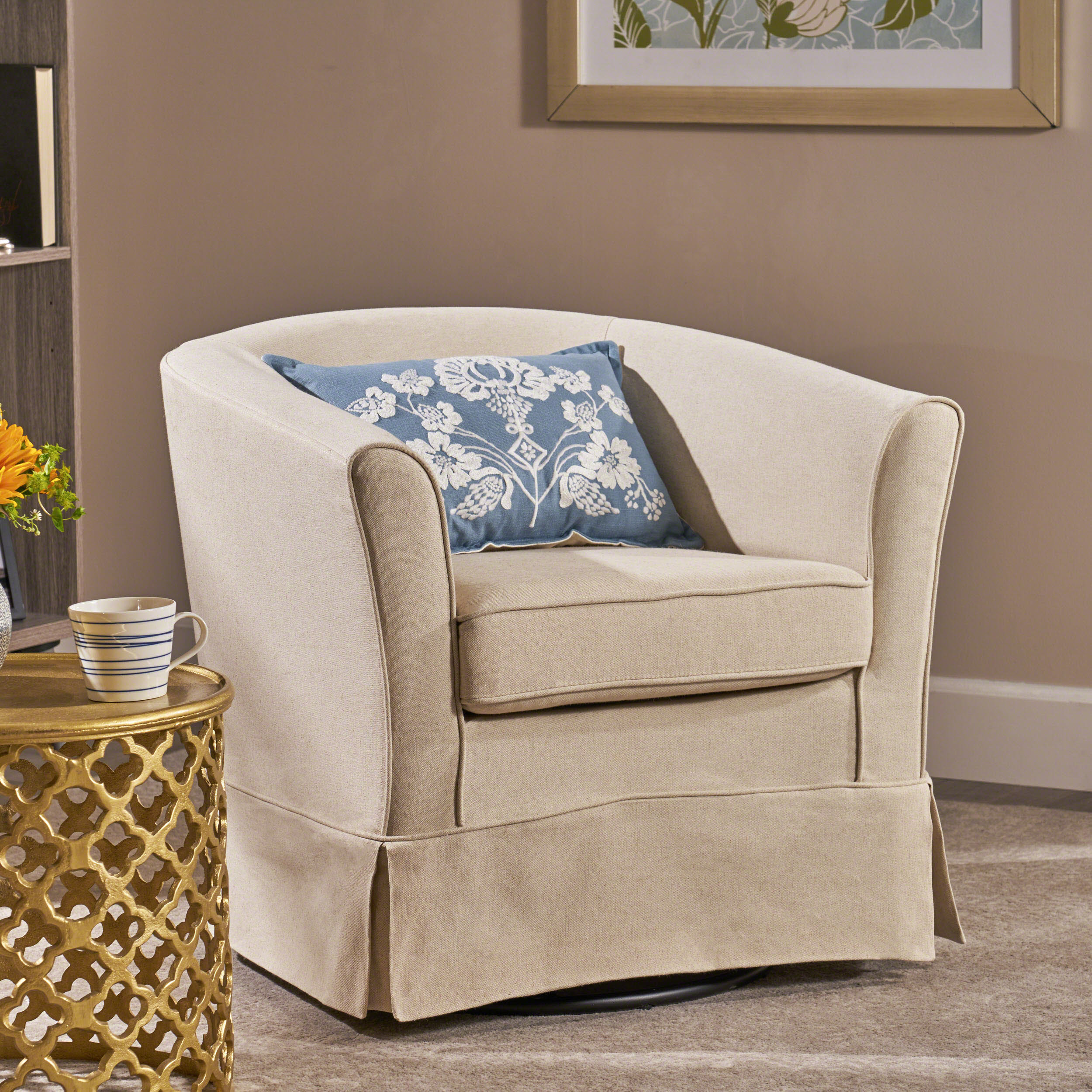 Natural Fabric Barrel Swivel Club Chair with Metal Base
