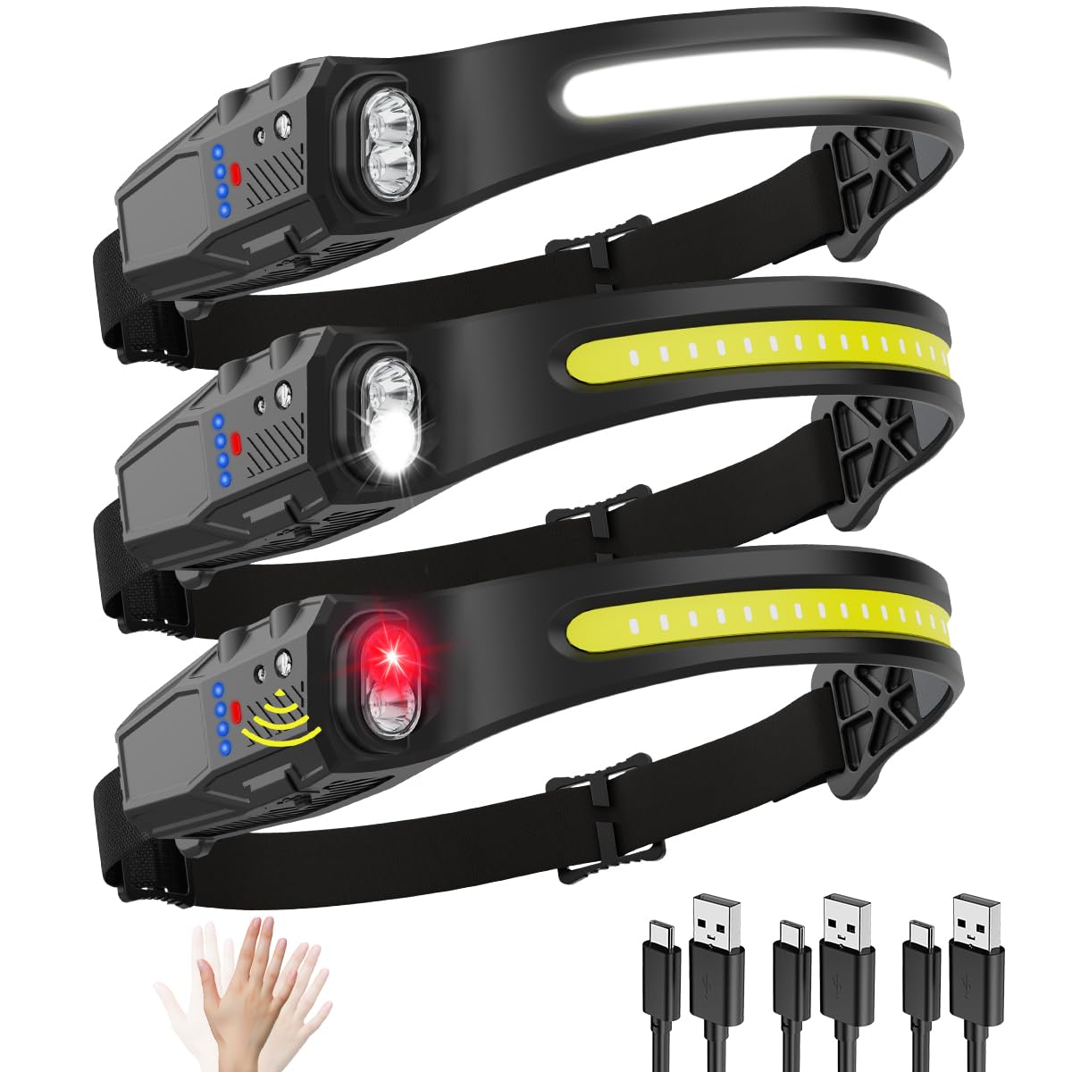 Linder Group Inc 3 Pack LED Headlamp with 230 Degree Wide Beam and Motion Sensor 7 Modes Red Light for Adults Running Camping Hiking USB Type C Charging