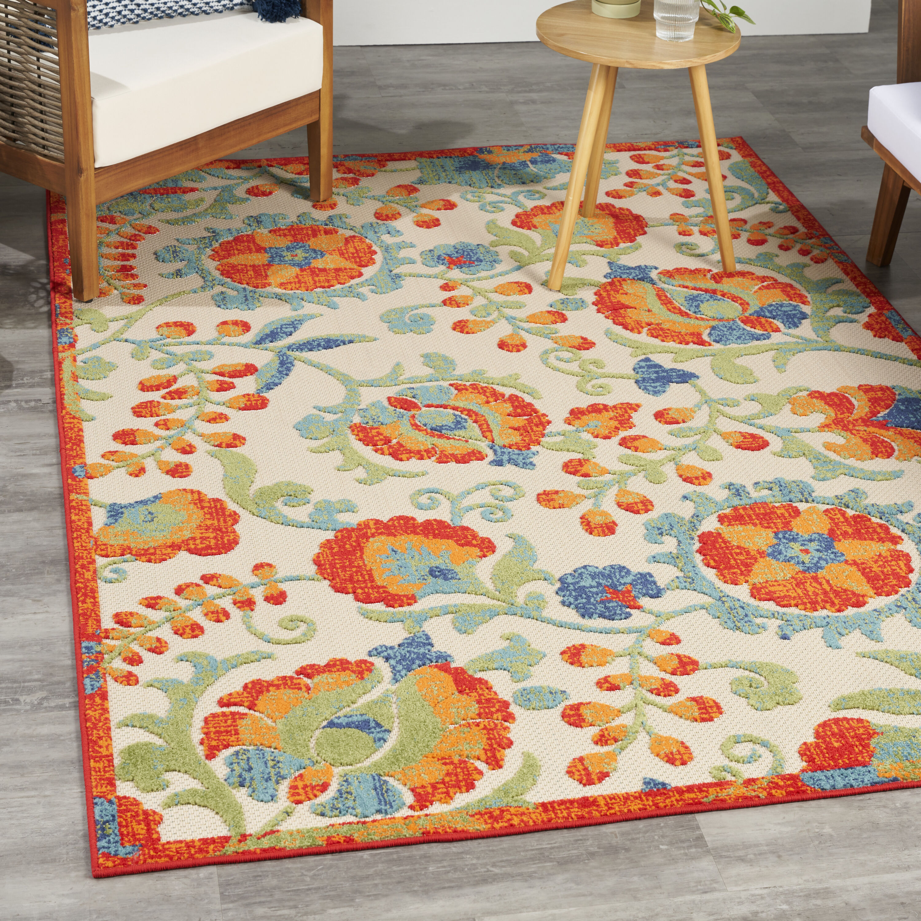 Nourison Home 099446952448 Aloha 5 x 8 (ft) Loomed Polypropylene Red Multicolor Rectangular Indoor/Outdoor Floral/Botanical Farmhouse/Cottage Area rug