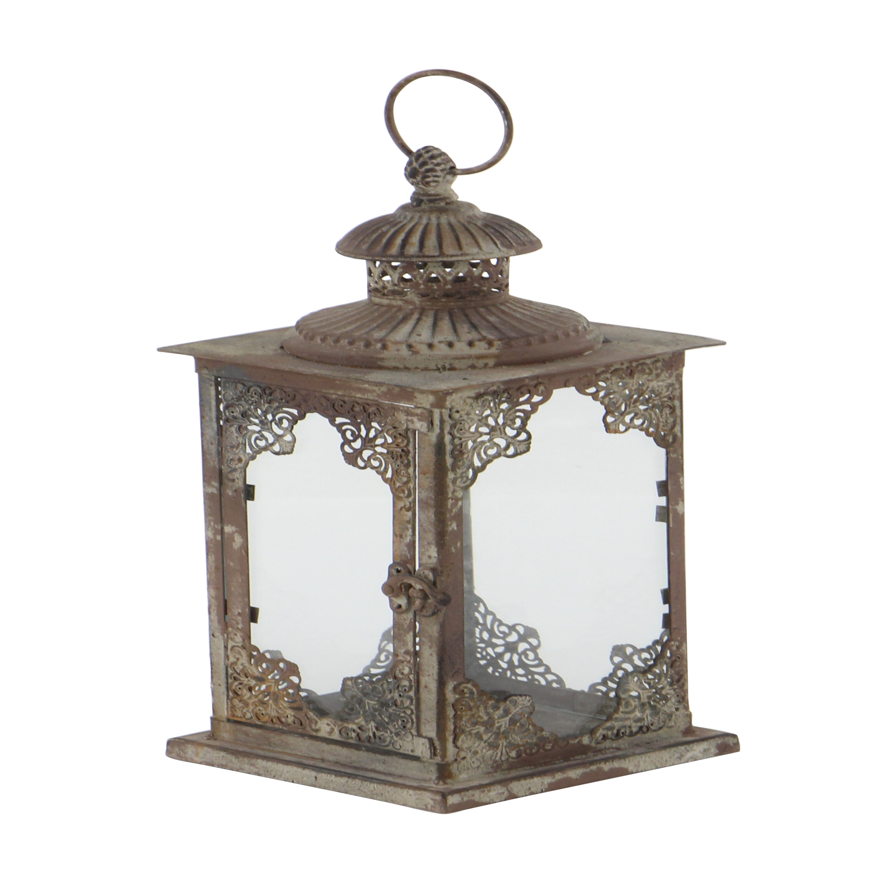 Elegant Tarnished Gray Iron and Glass Tabletop Lantern