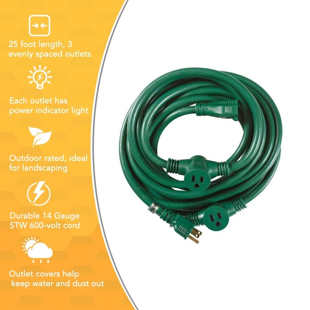 NOMA 25-ft Outoor Extension Cord with 3 Evenly Spaced Outlets, Safety  Cover, Green