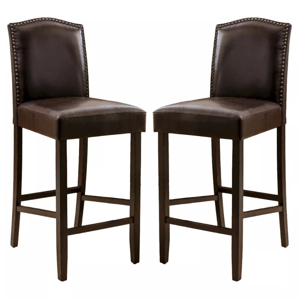 Coolbibila DOT-STOOL-DARK BROWN Set of 2 Counter Height Barstools Dark Brown PU Leather Upholstered with Rubberwood Legs for Kitchen