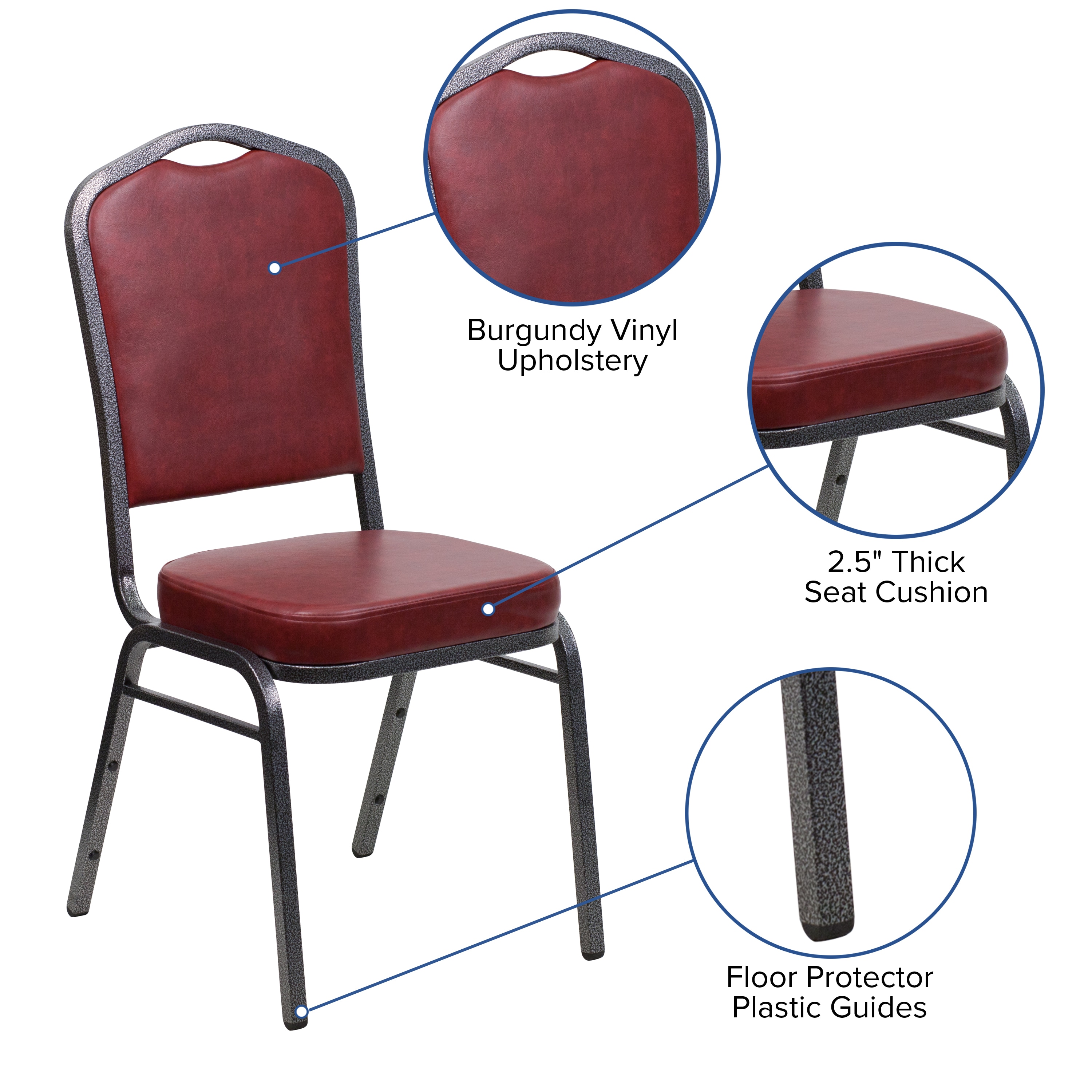 Elegant Burgundy Vinyl Stacking Chair with Silver Vein Metal Frame