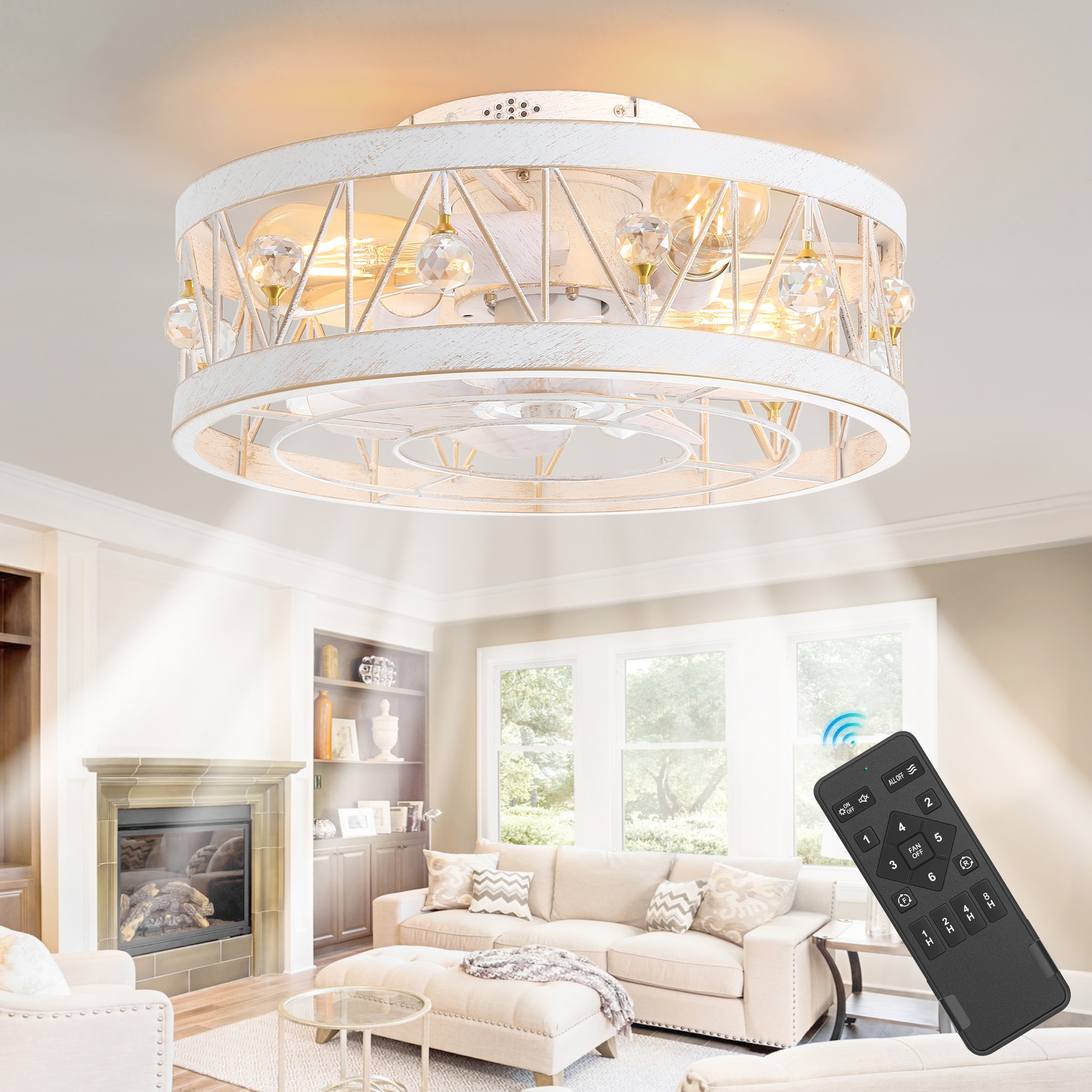 Breezary 35006-WG 17-in Flush Mount Distressed White and Gold with White Blades Fandelier Ceiling Fan With Light - Remote Included ( 7 -Blade )