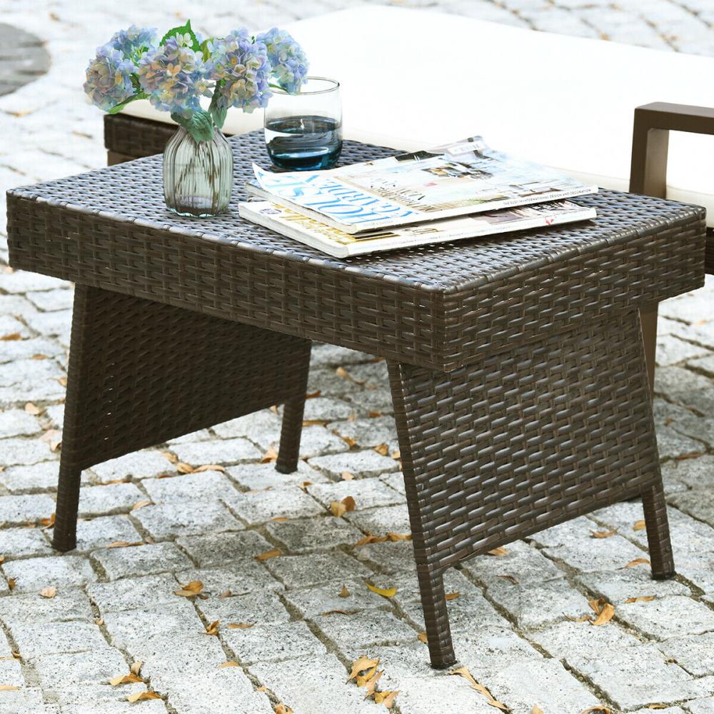 Compact Foldable Brown PE Rattan Side Table with Steel Frame