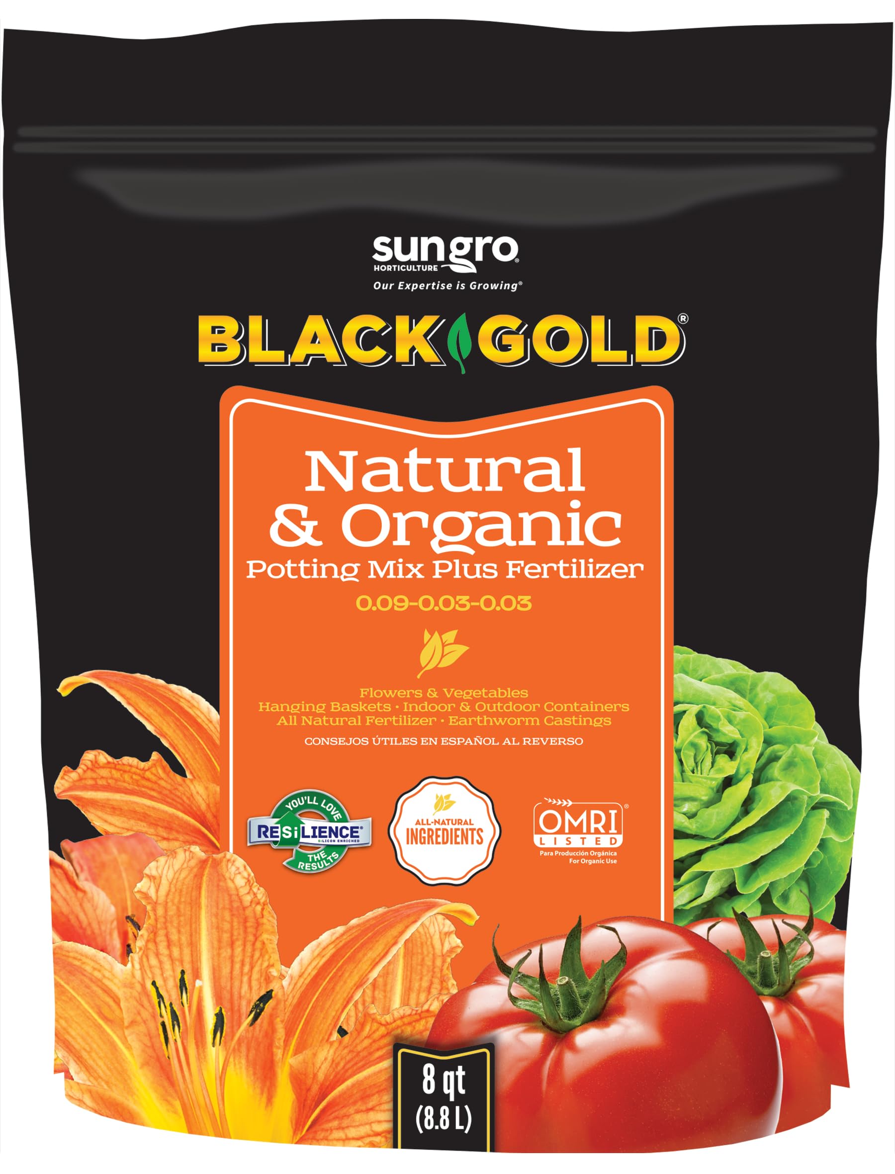 Sun Gro SunGro Horticulture Potting Mix - Natural Organic Black Gold - 8qt - Earthworm Castings Perlite