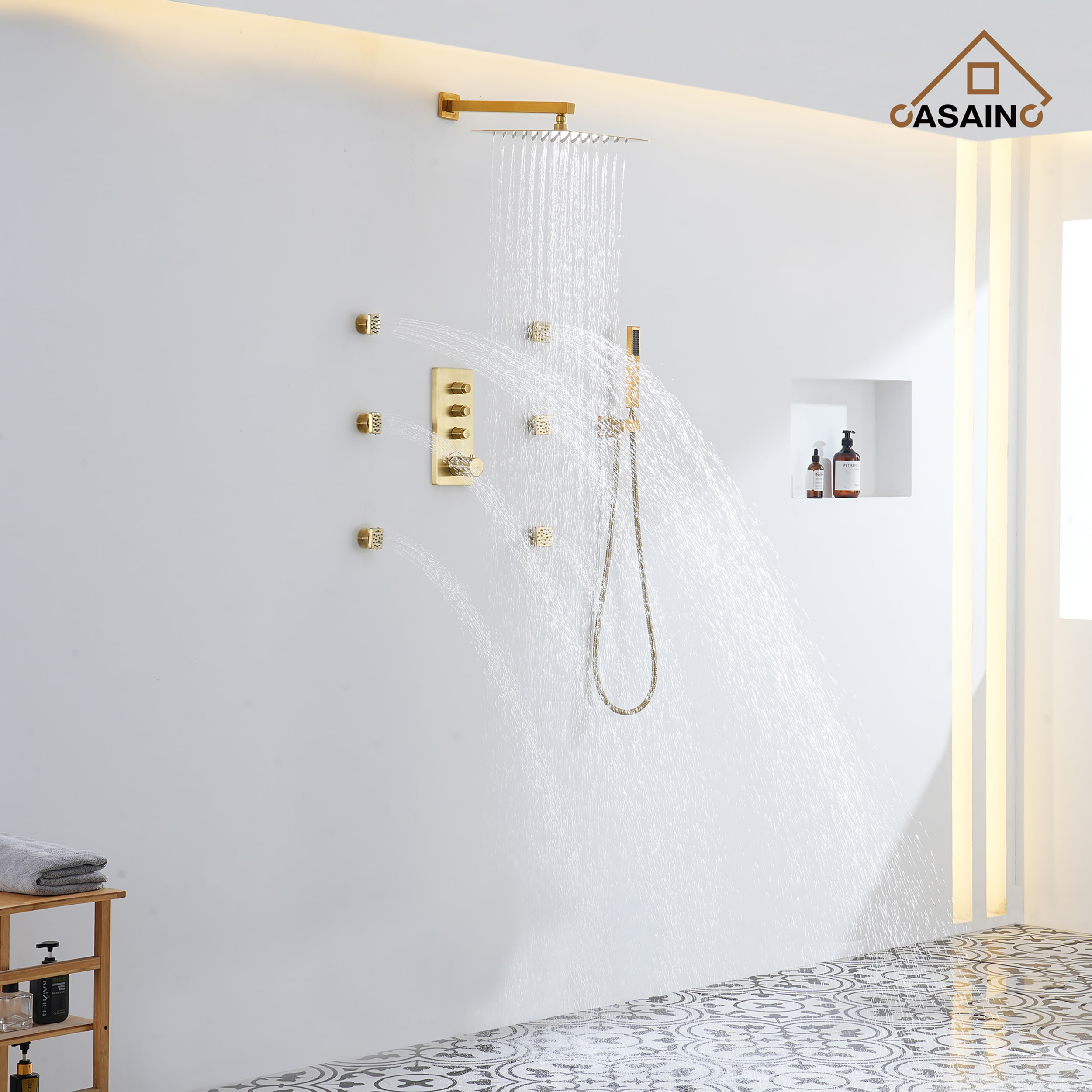 Brushed Gold Wall Mounted Thermostatic Shower System with Body Jets