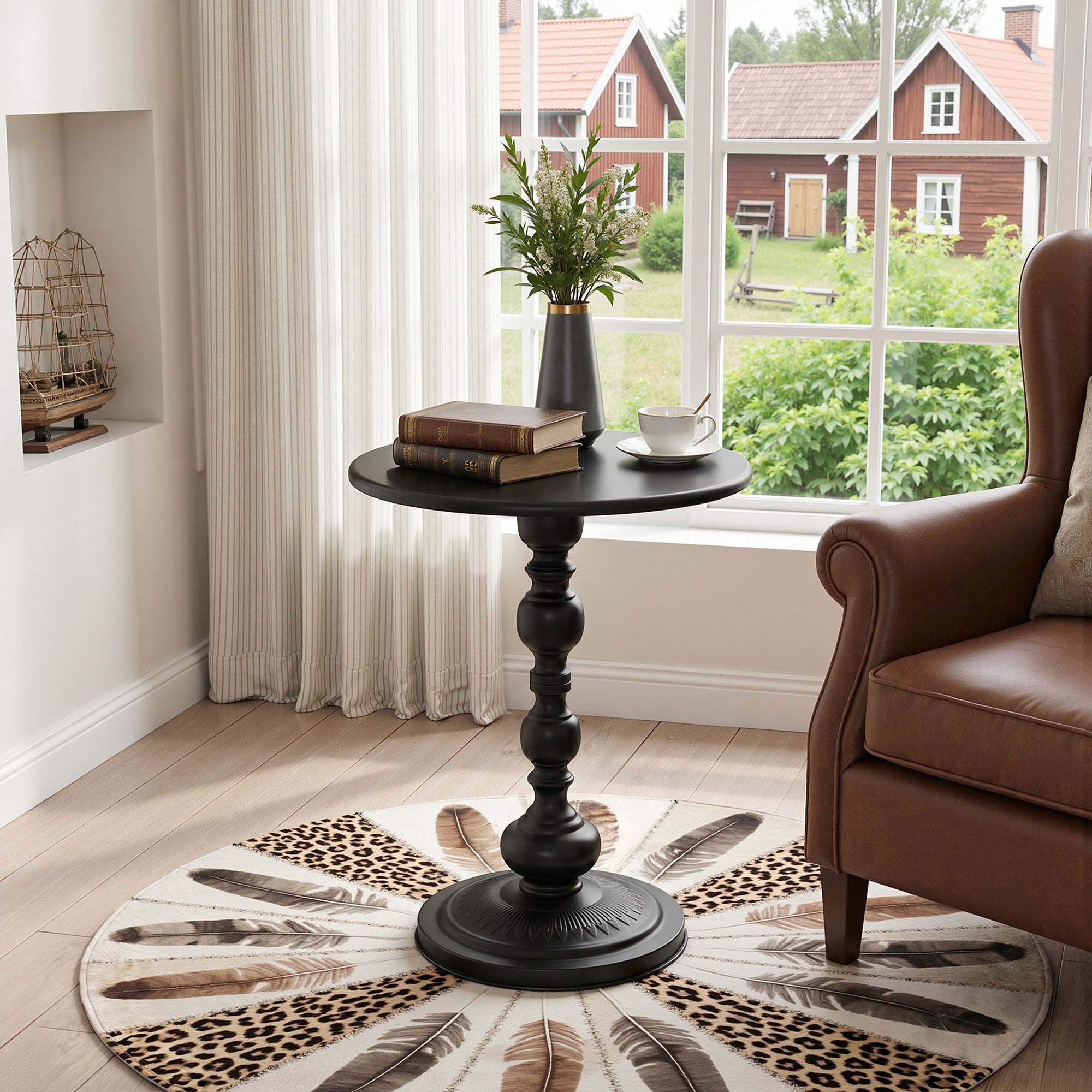 Vecelo Vintage Round End Table Metal Side Table for Small Spaces Living Room Bedroom Patio Balcony Black