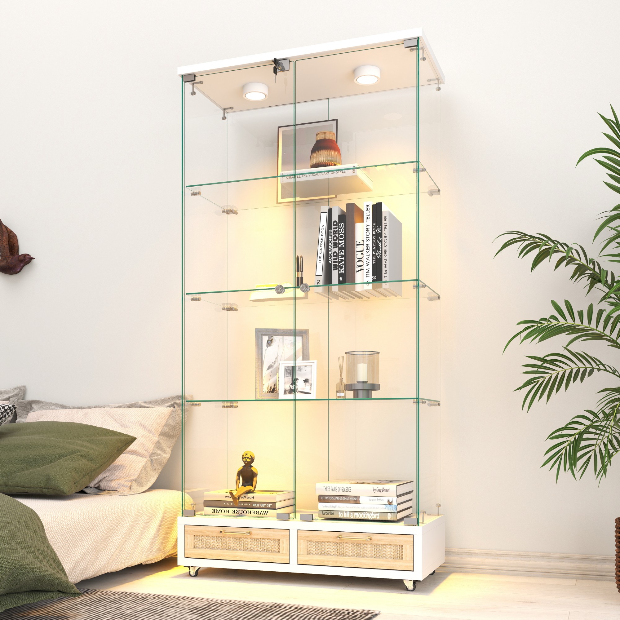 LOVMOR SFRW241S00059 Modern Glass Display Cabinet with Large Drawers Quickassembly Antique Cabinet white and natural