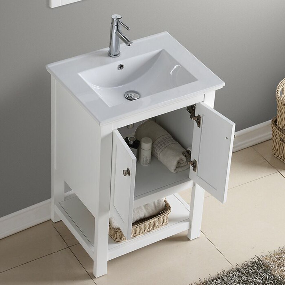 Elegant 24" White Solid Wood Freestanding Bathroom Vanity with Ceramic Sink
