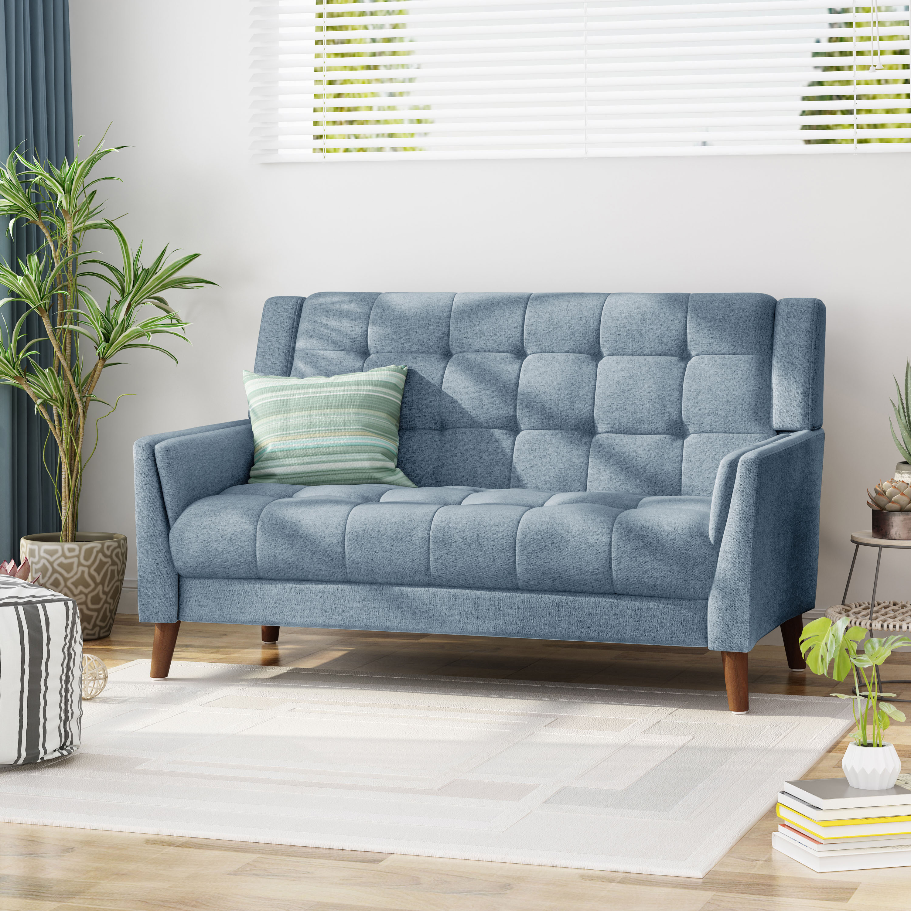 Alisa Blue Tufted Fabric Mid-Century Modern Loveseat