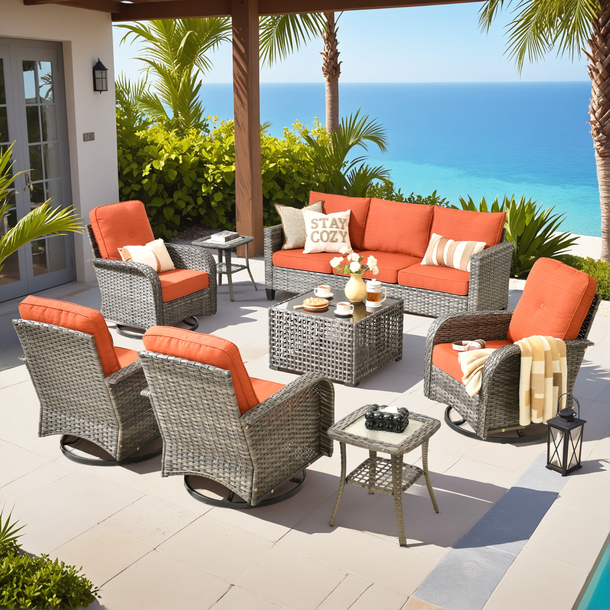 ALTRIGUS 6LYZGNCNEWGRS8081AL 8 -Piece Wicker Patio Sofa Conversation Set with Orange Cushions